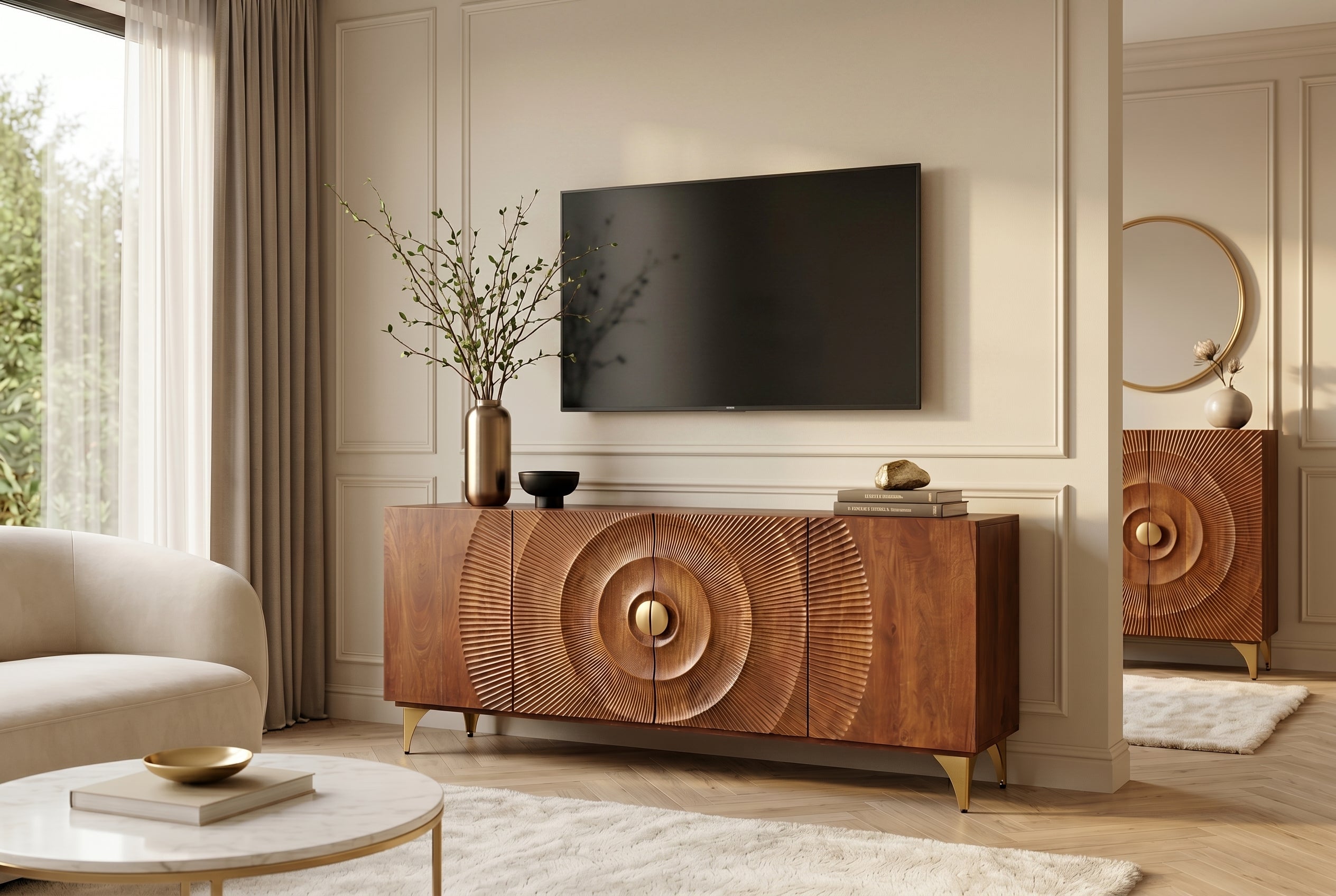 Buffet artisanal GOLDEN SUNSET 180cm marron avec sculptures 3D pieds en métal bois de manguier doré