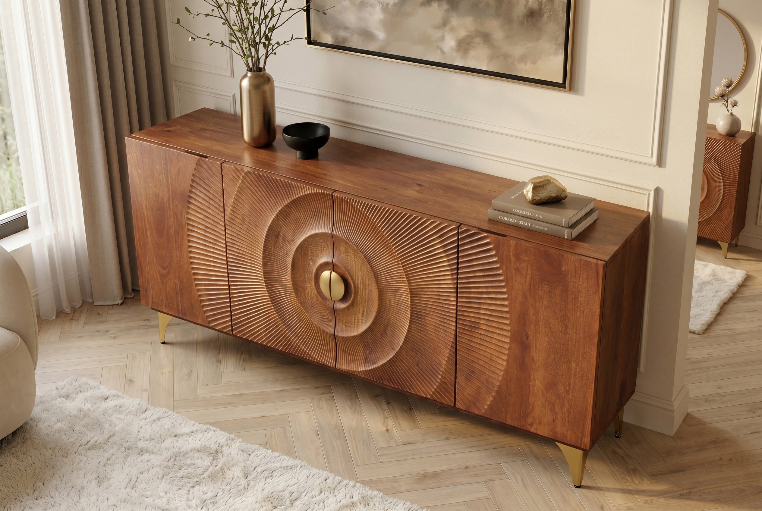 Buffet artisanal GOLDEN SUNSET 180cm marron avec sculptures 3D pieds en métal bois de manguier doré