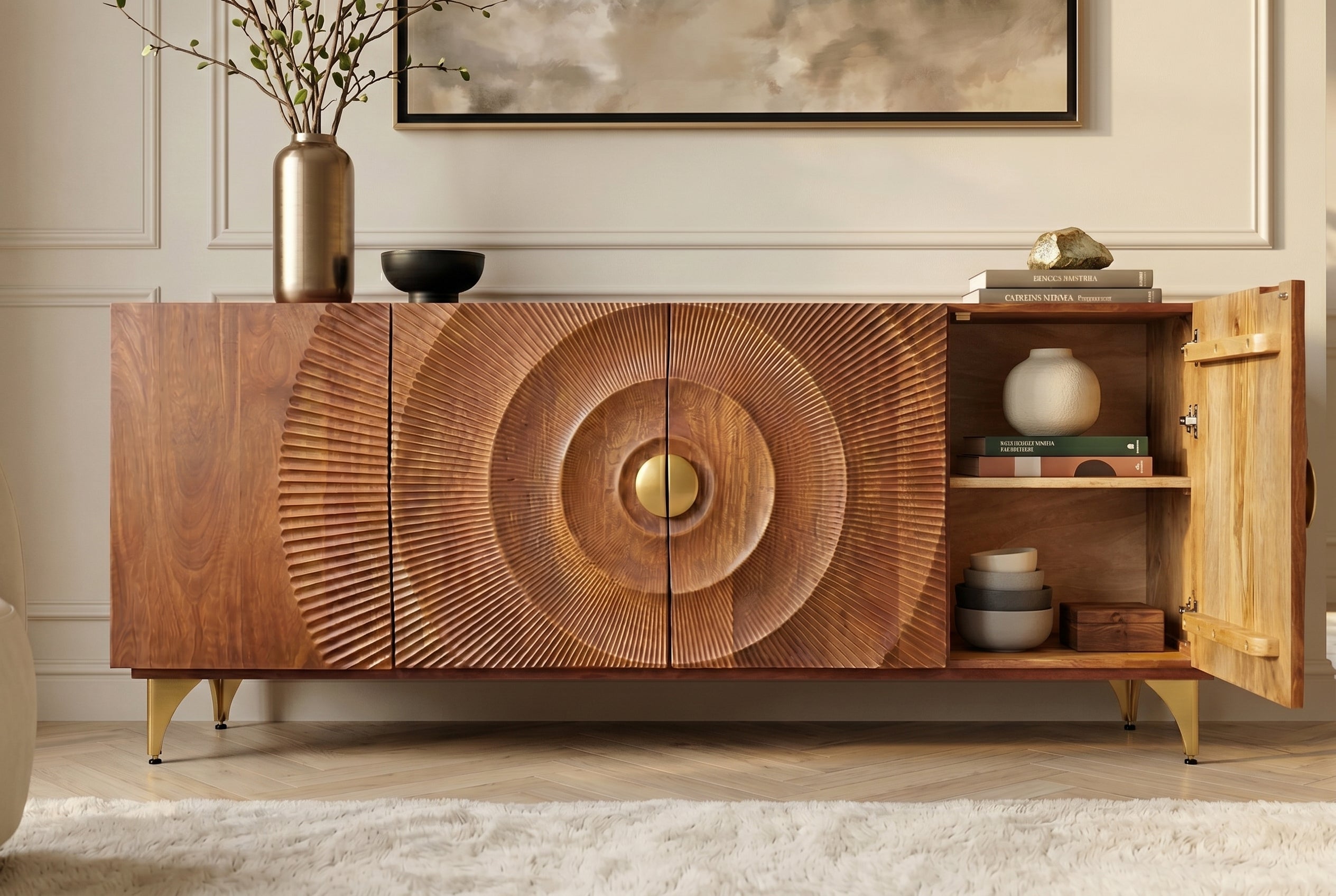 Buffet artisanal GOLDEN SUNSET 180cm marron avec sculptures 3D pieds en métal bois de manguier doré