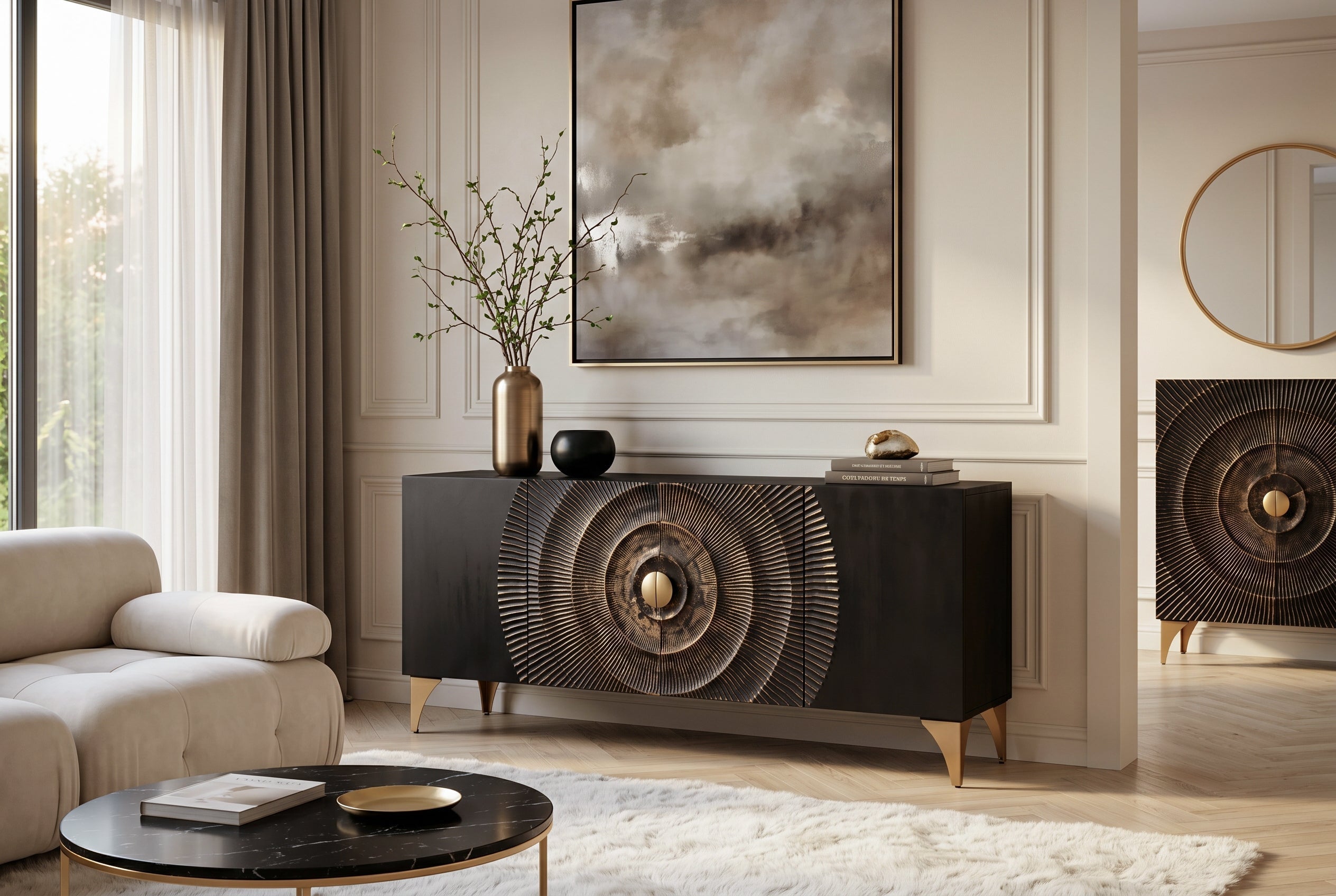 Buffet artisanal GOLDEN SUNSET 180cm noir avec sculptures 3D pieds en métal bois de manguier doré