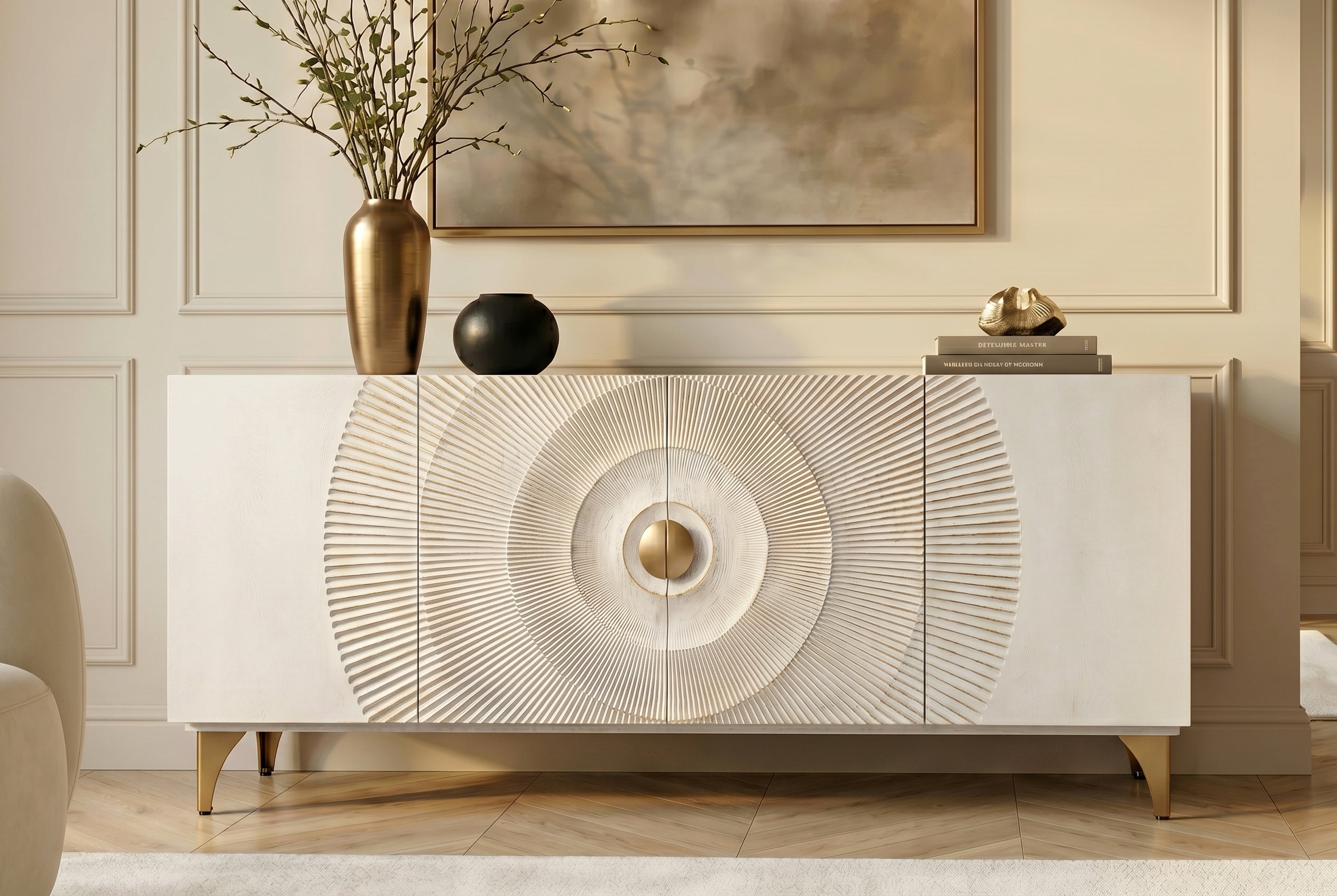 Buffet artisanal GOLDEN SUNSET 180cm pieds métal bois de manguier or blanc