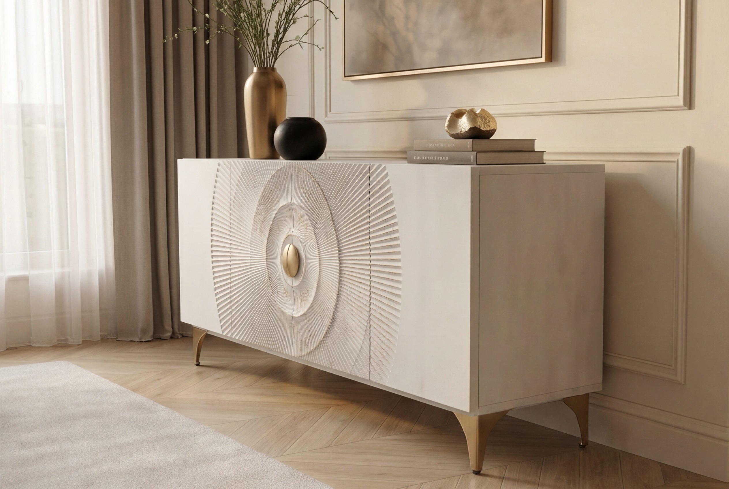 Buffet artisanal GOLDEN SUNSET 180cm pieds métal bois de manguier or blanc