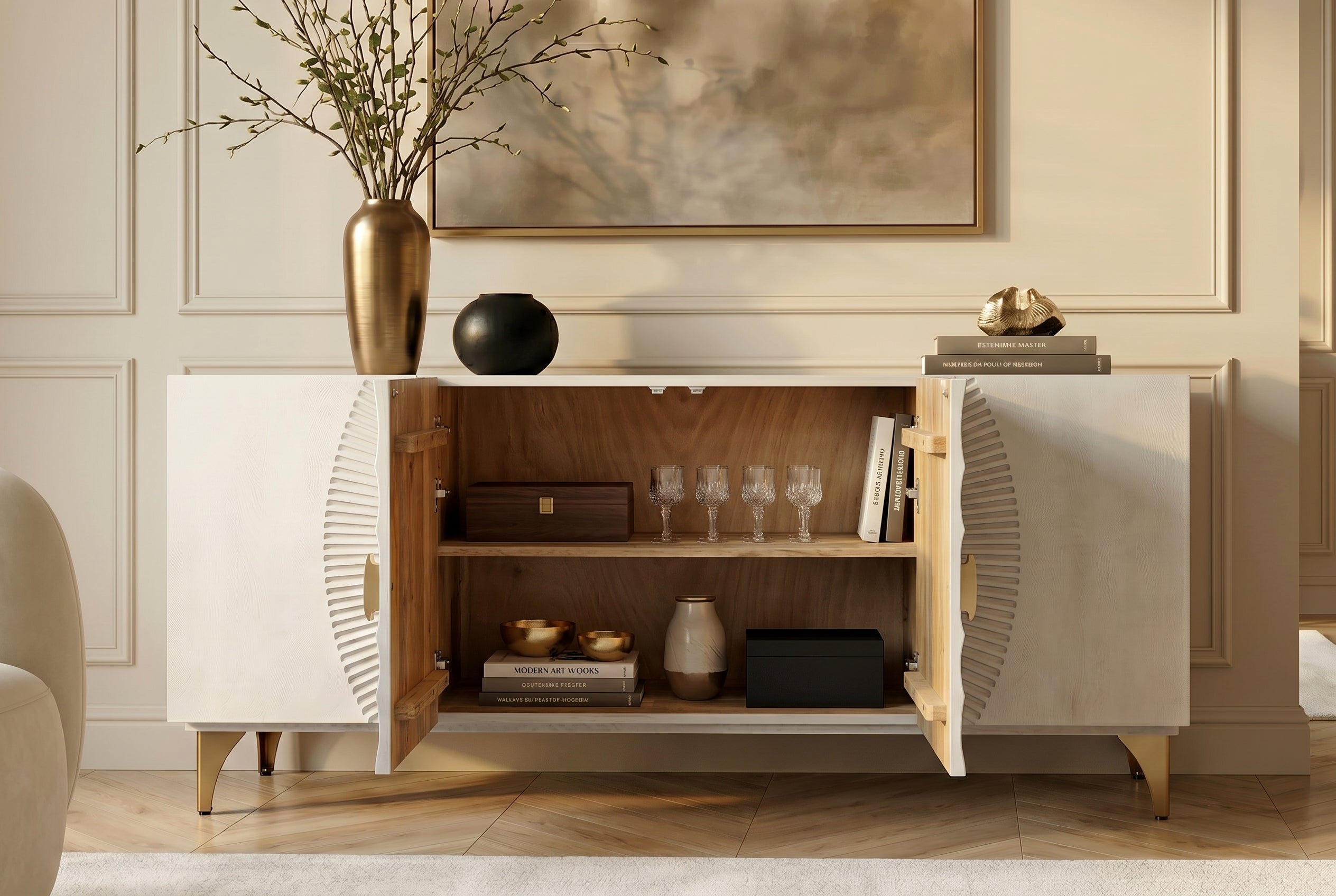 Buffet artisanal GOLDEN SUNSET 180cm pieds métal bois de manguier or blanc