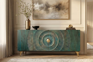 Buffet artisanal GOLDEN SUNSET 180cm turquoise doré pieds métal bois de manguier