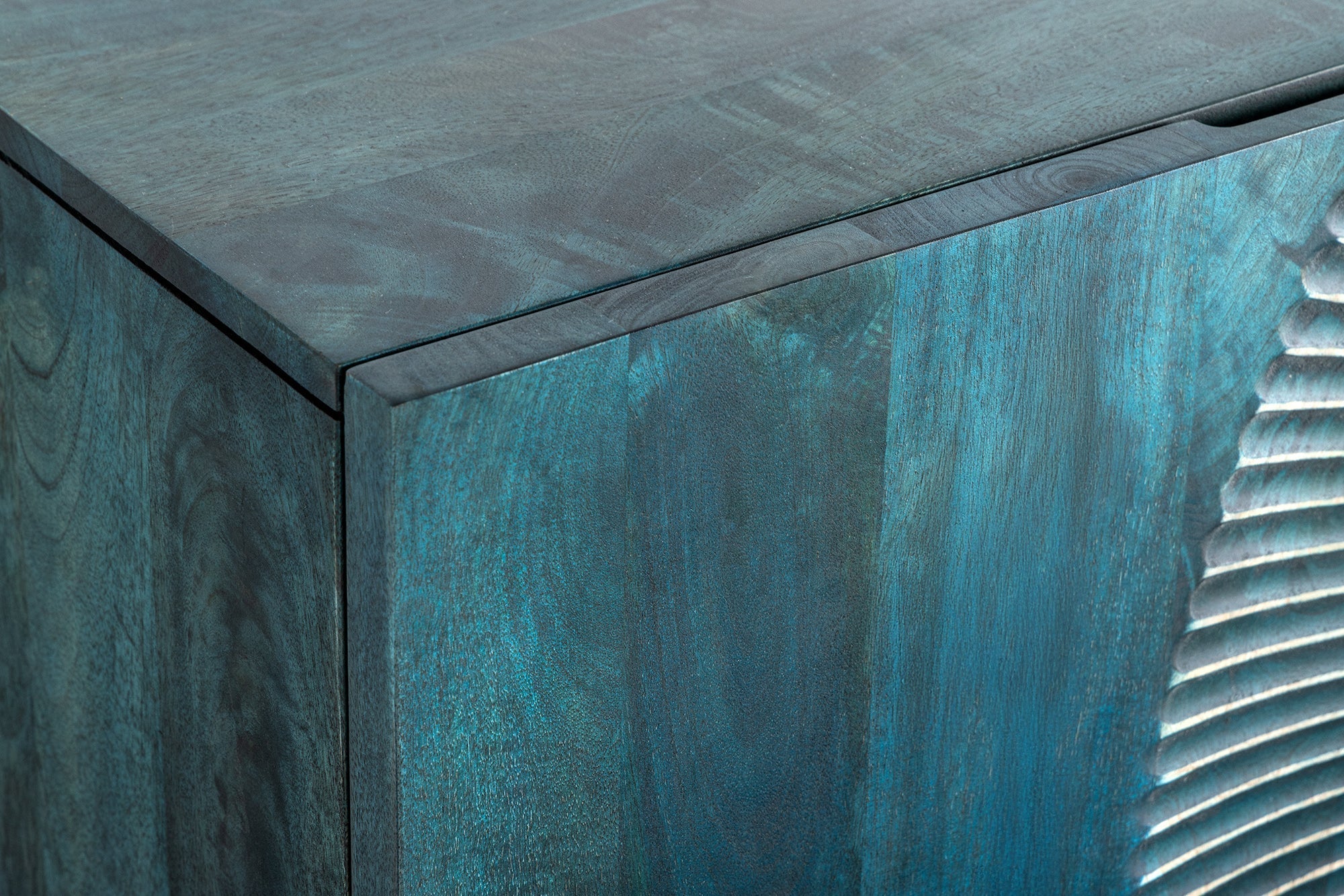 Buffet artisanal GOLDEN SUNSET 180cm turquoise doré pieds métal bois de manguier