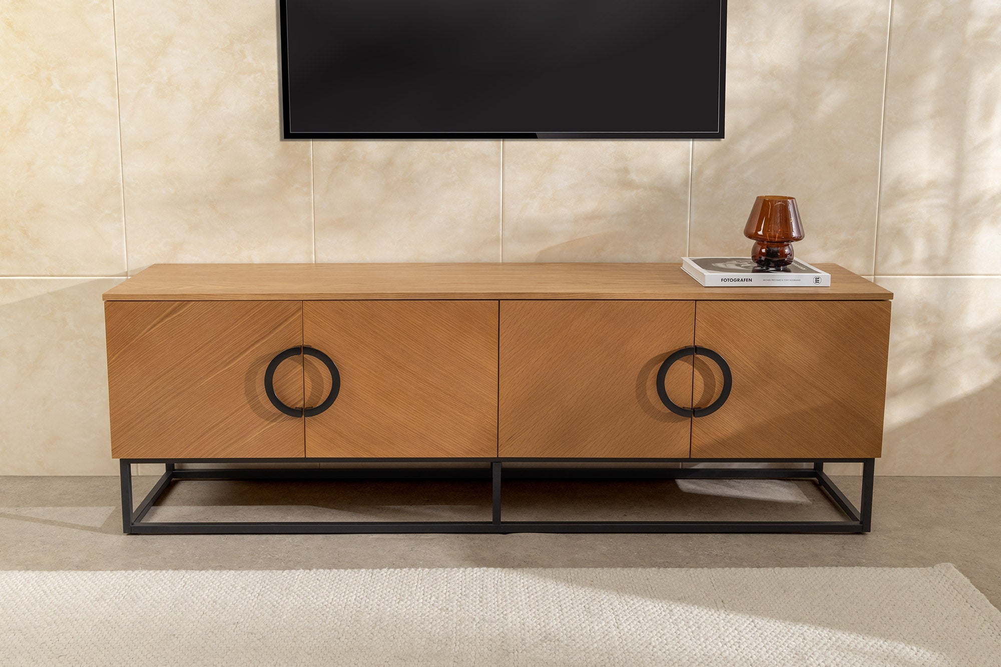 Buffet bas industriel GRANDEZZA 180cm chêne naturel meuble TV métal noir