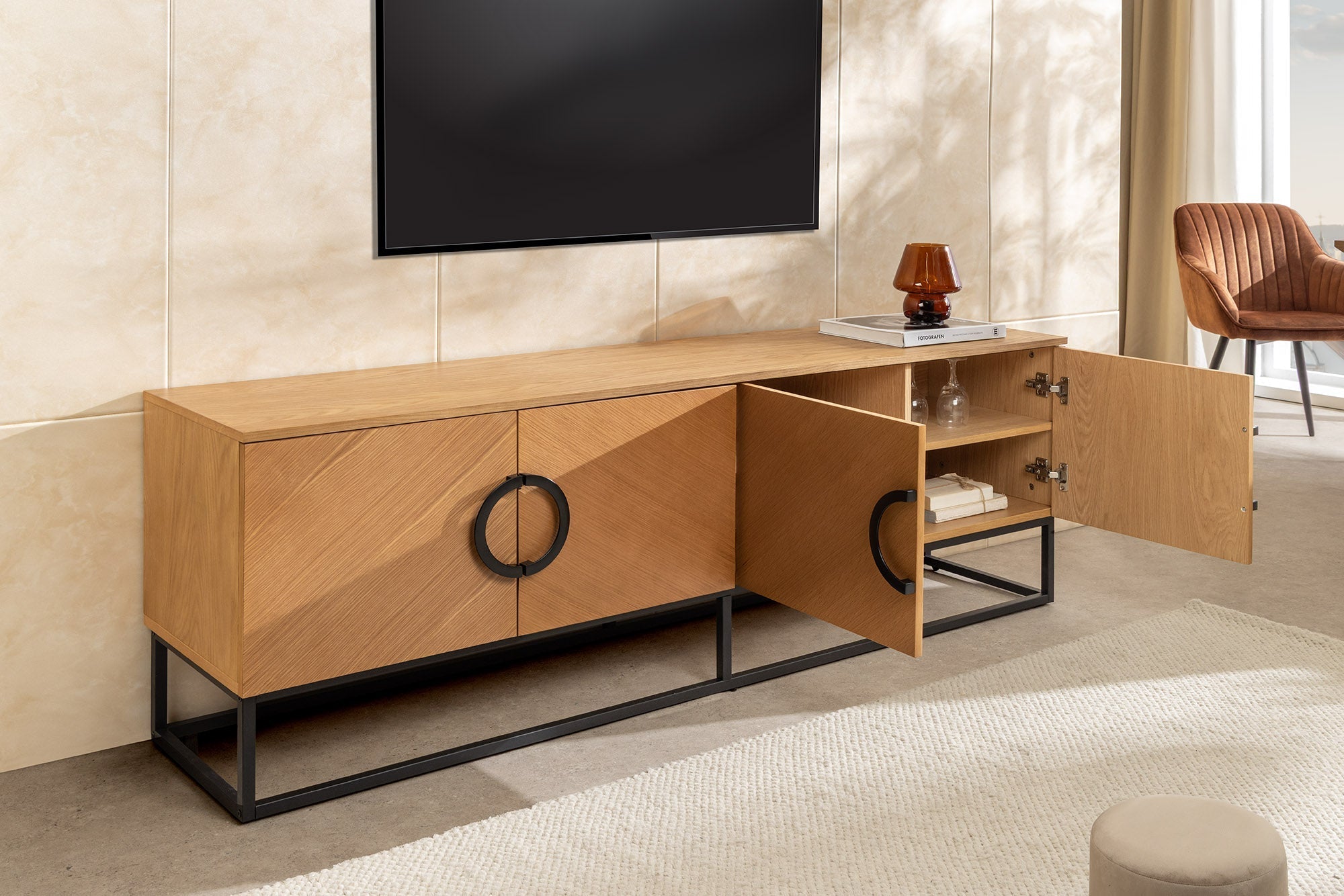 Buffet bas industriel GRANDEZZA 180cm chêne naturel meuble TV métal noir