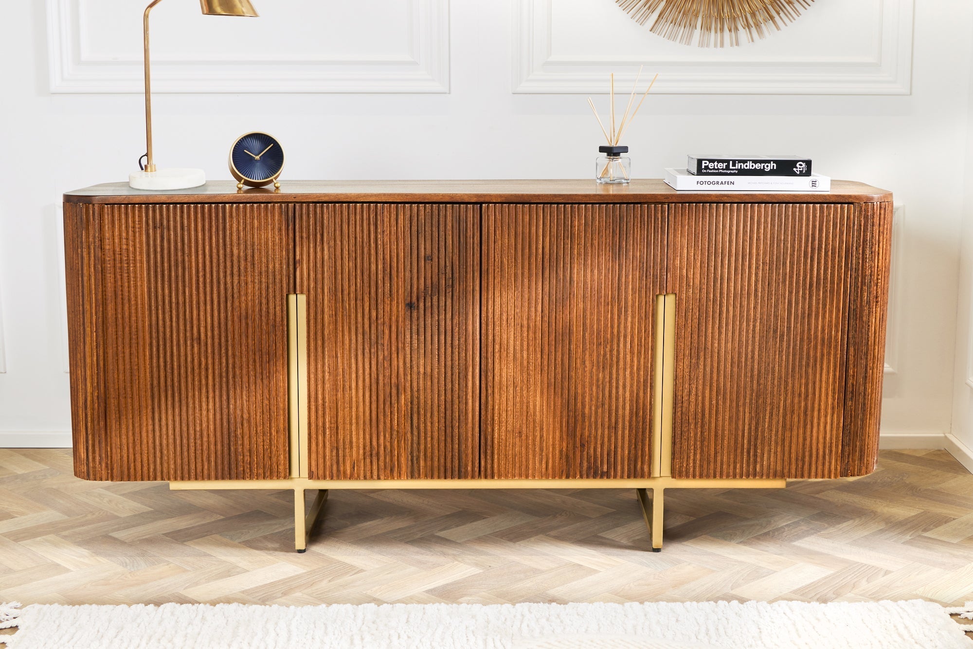 Buffet design GATSBY 160cm marron mat doré bois de manguier rétro