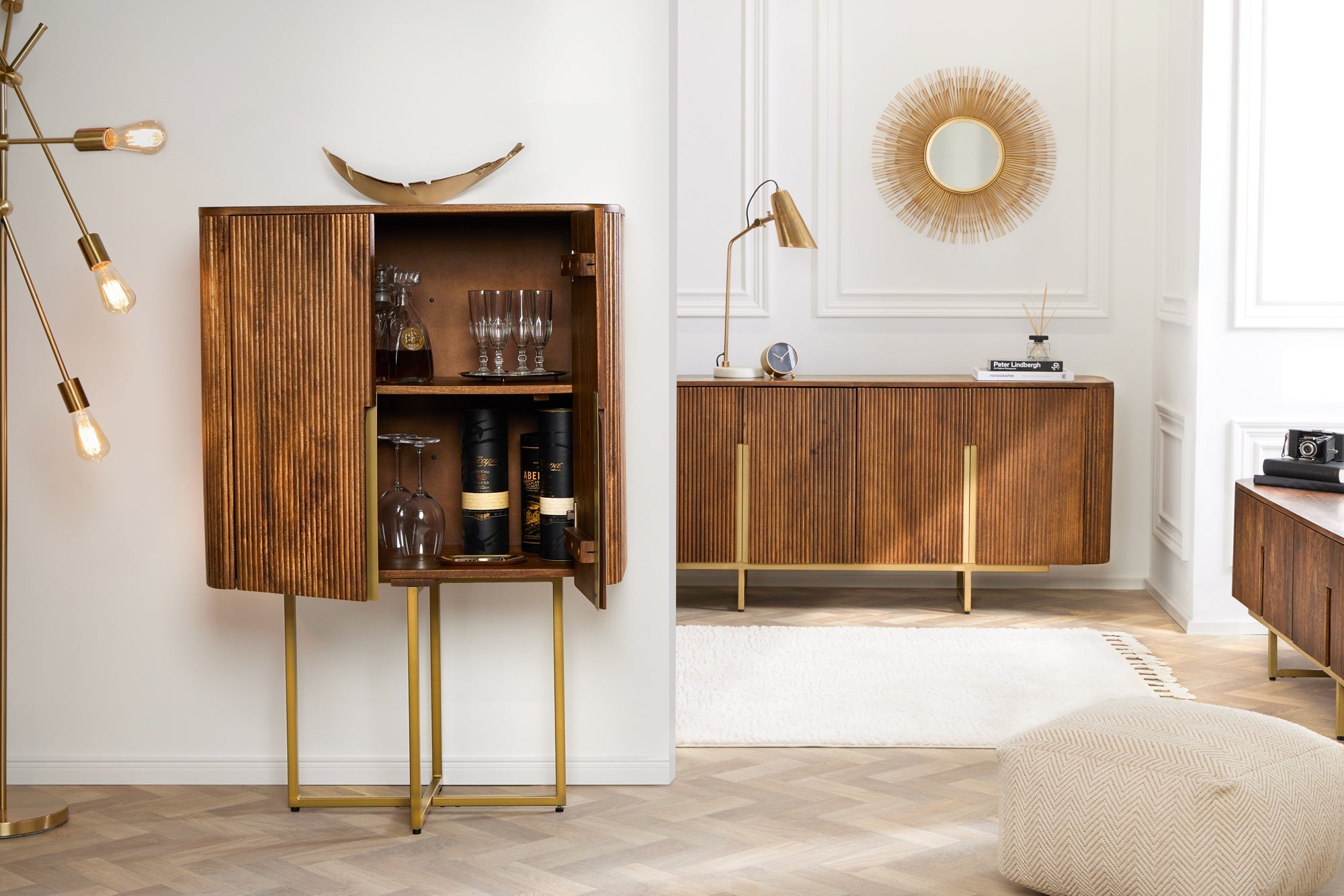 Buffet design GATSBY 160cm marron mat doré bois de manguier rétro