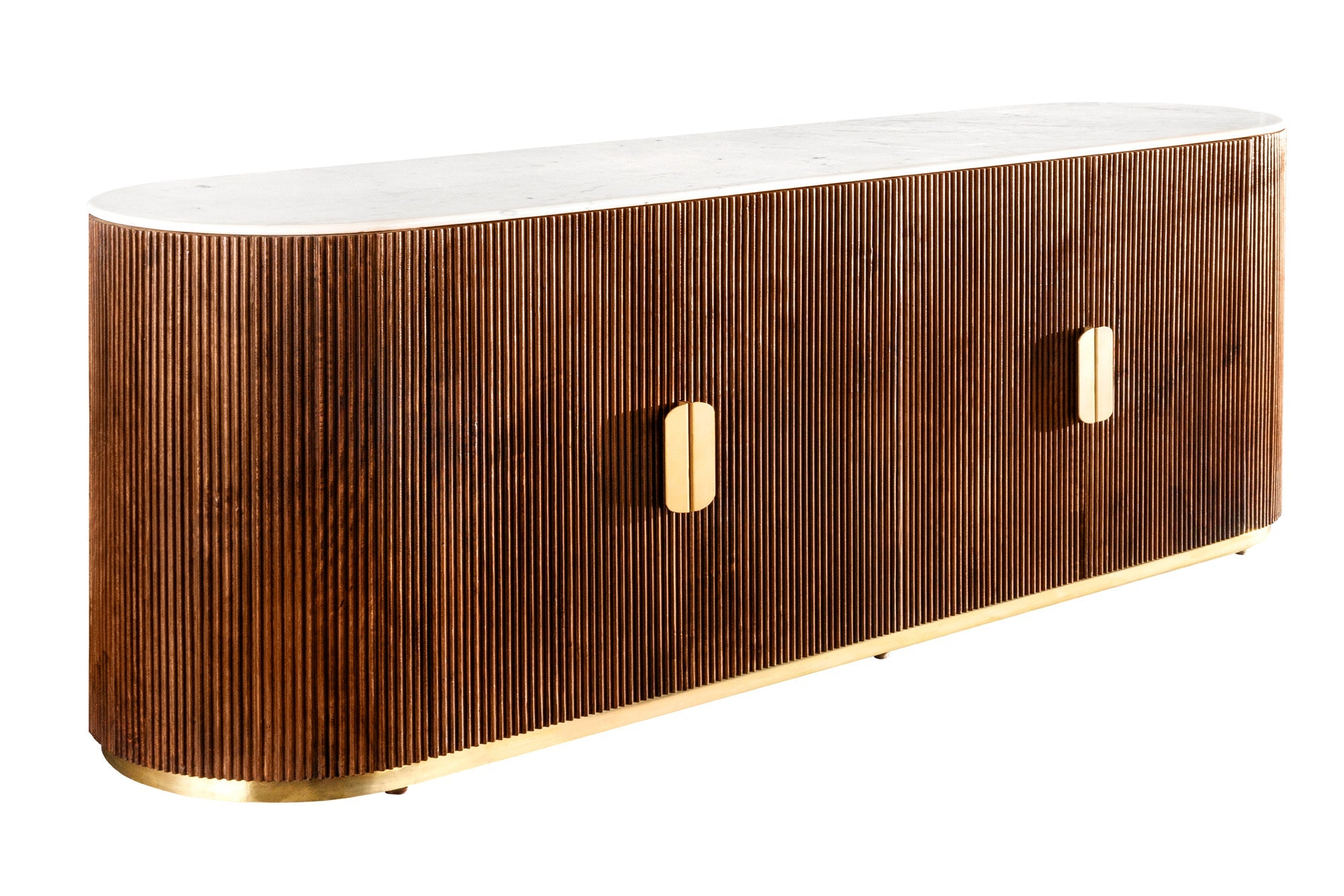 Buffet design GATSBY 170cm bois de manguier marron doré dessus marbre blanc