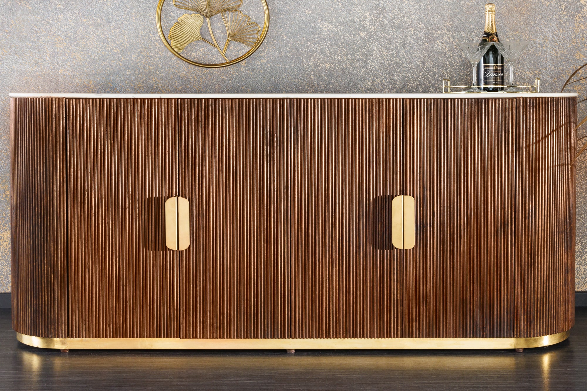 Buffet design GATSBY 170cm bois de manguier marron doré dessus marbre blanc