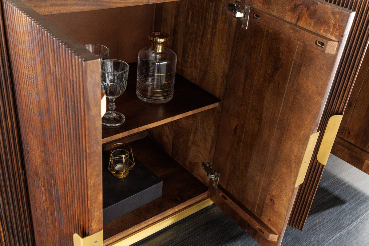 Buffet design GATSBY 170cm bois de manguier marron doré dessus marbre blanc