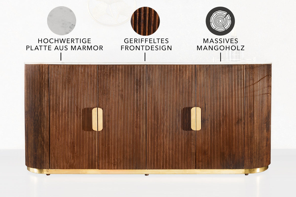 Buffet design GATSBY 170cm bois de manguier marron doré dessus marbre blanc