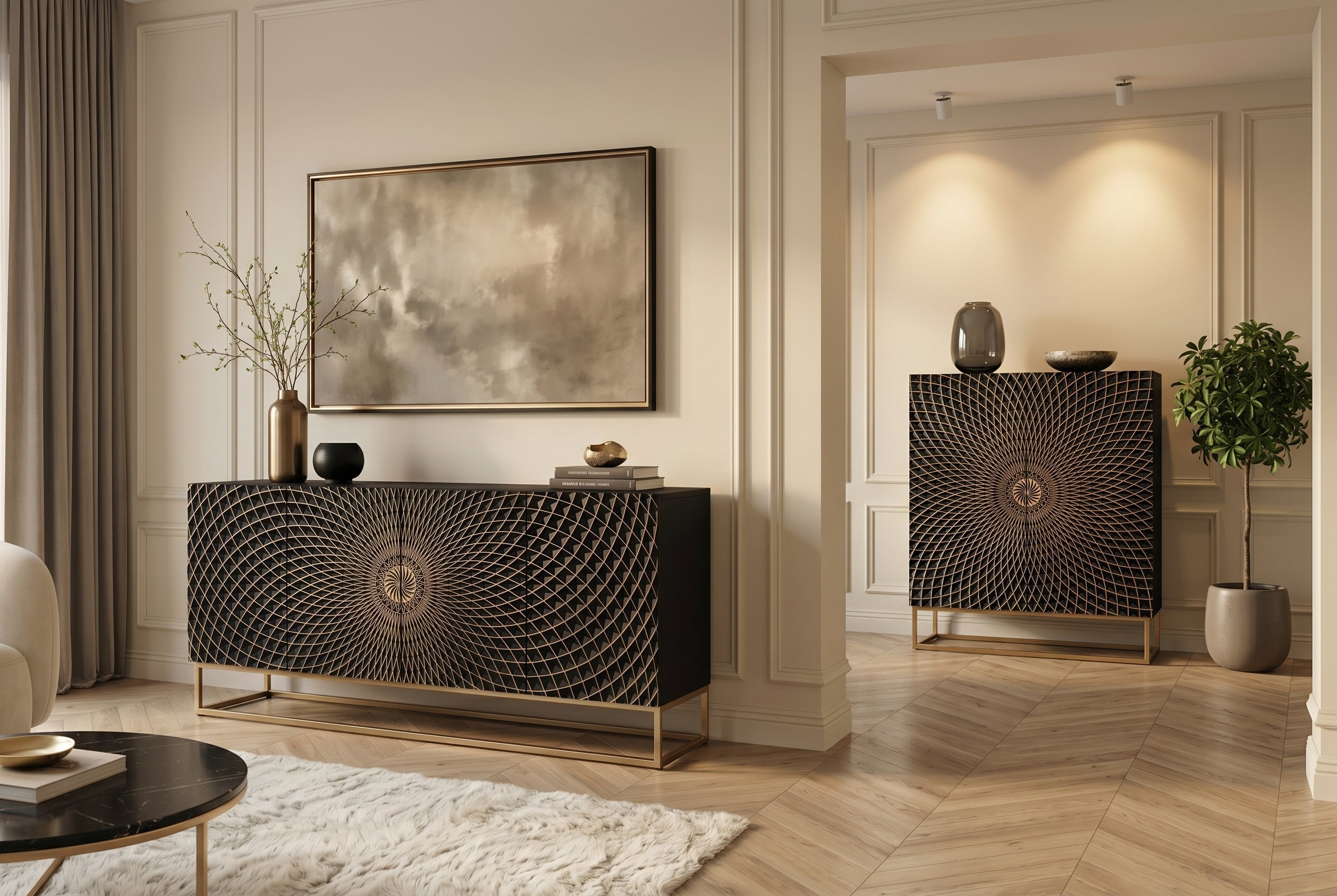 Buffet design ILLUSION 180cm en bois de manguier massif noir avec sculptures 3D structure en métal fer doré