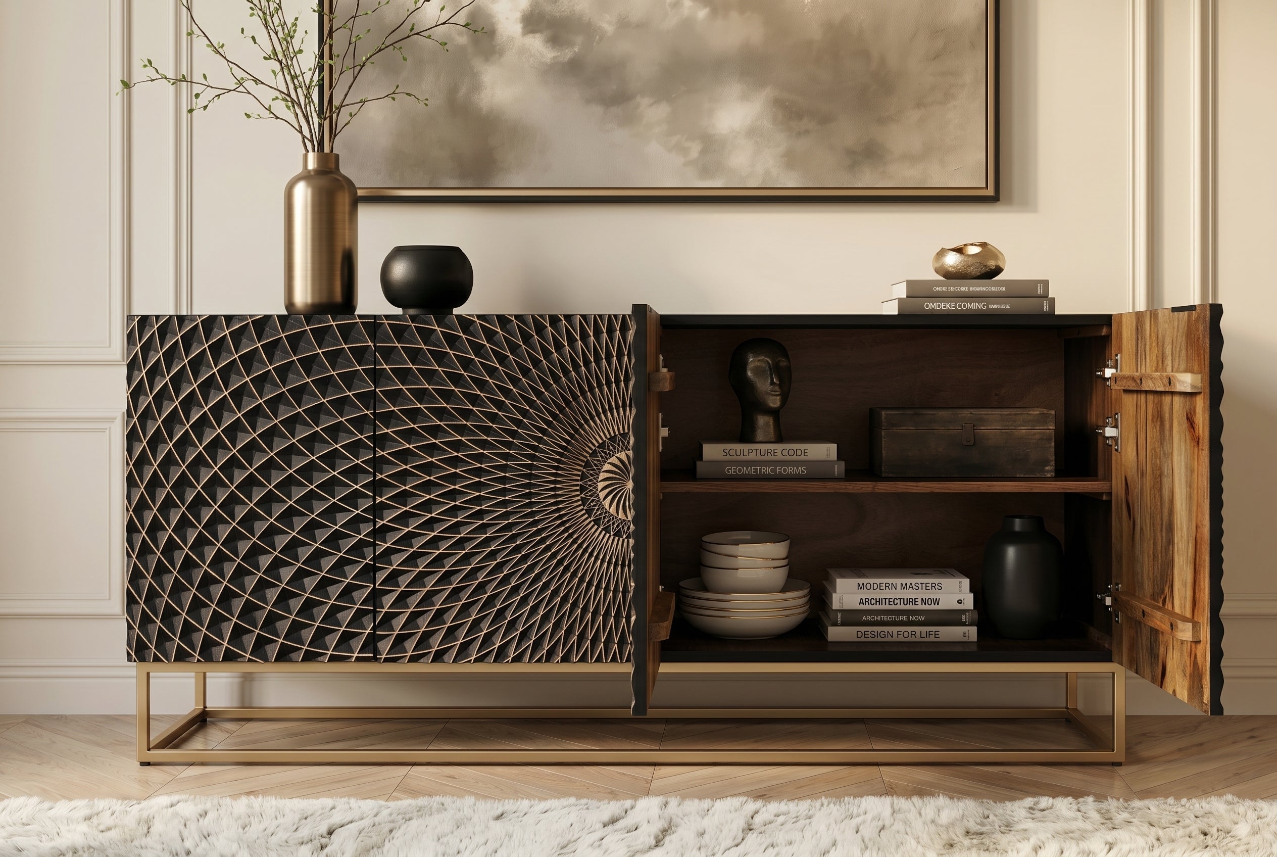 Buffet design ILLUSION 180cm en bois de manguier massif noir avec sculptures 3D structure en métal fer doré