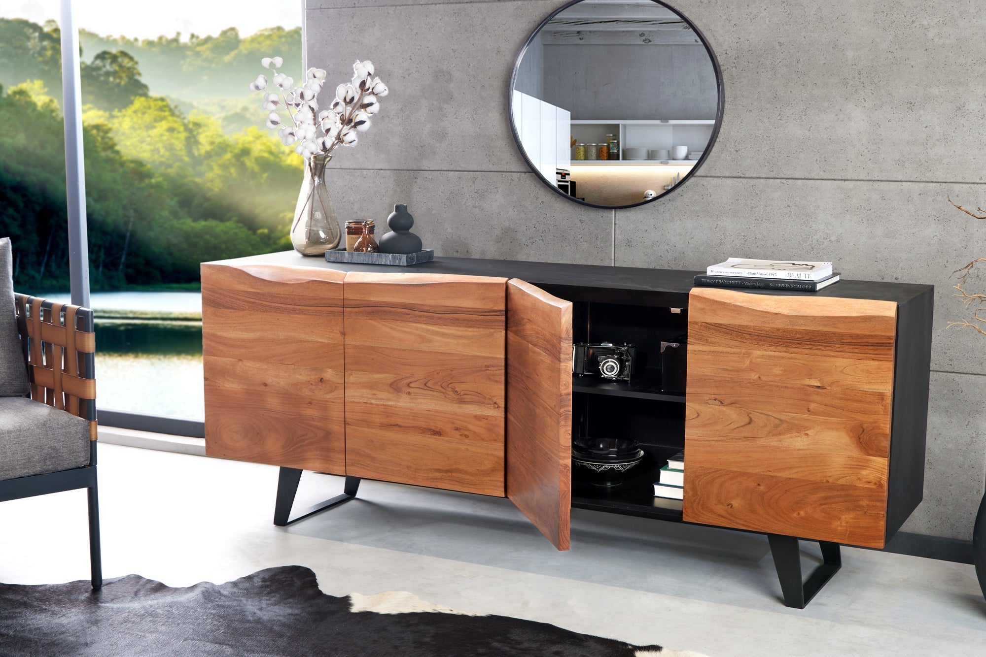 Buffet design industriel ORGANIC ARTWORK 180cm structure en fer et bois d’acacia massif
