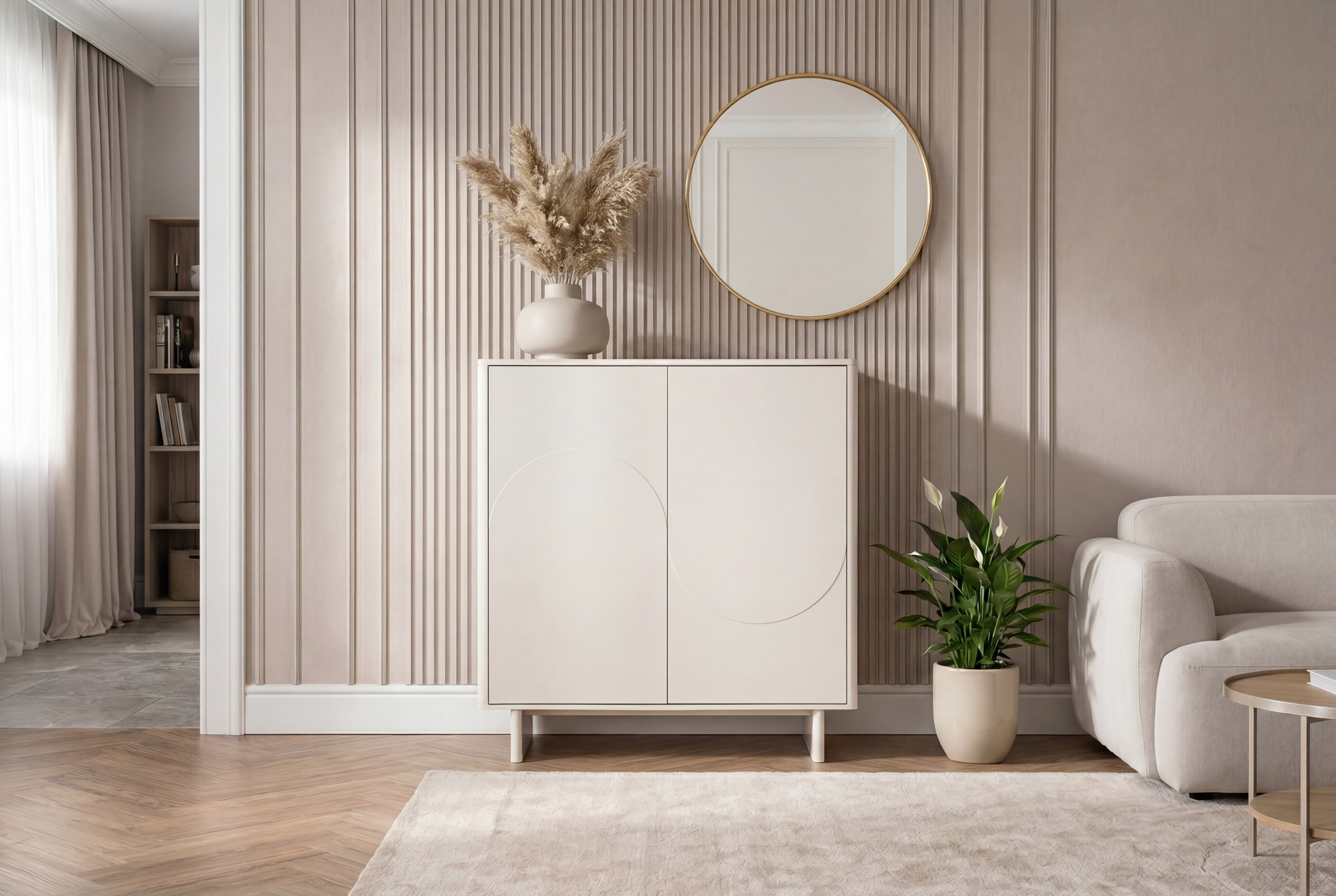Buffet design SAVOY 130cm cachemire marbre blanc céramique avec rangements et façade 3D