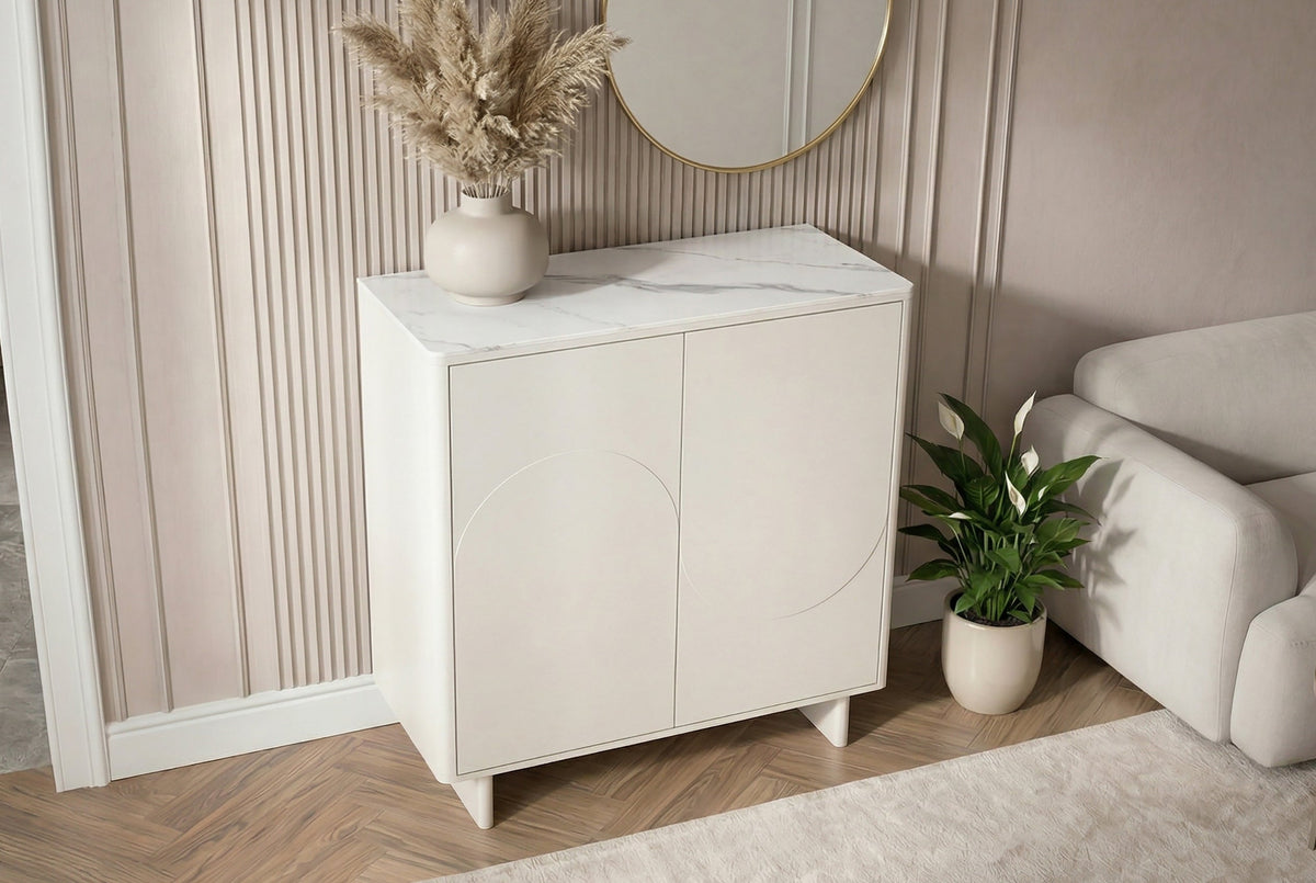 Buffet design SAVOY 130cm cachemire marbre blanc céramique avec rangements et façade 3D