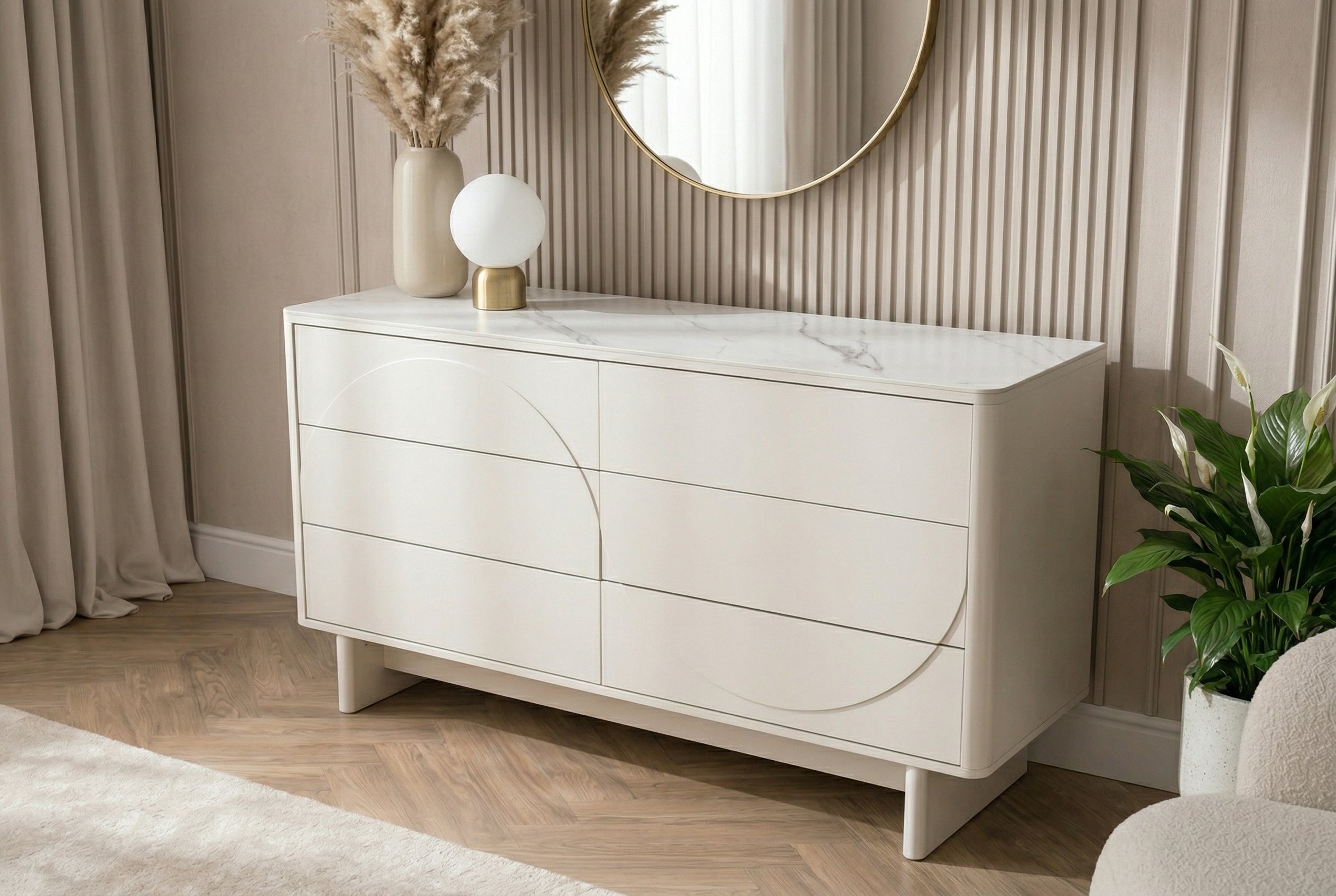 Buffet design SAVOY 150cm céramique marbre blanc cachemire avec six tiroirs