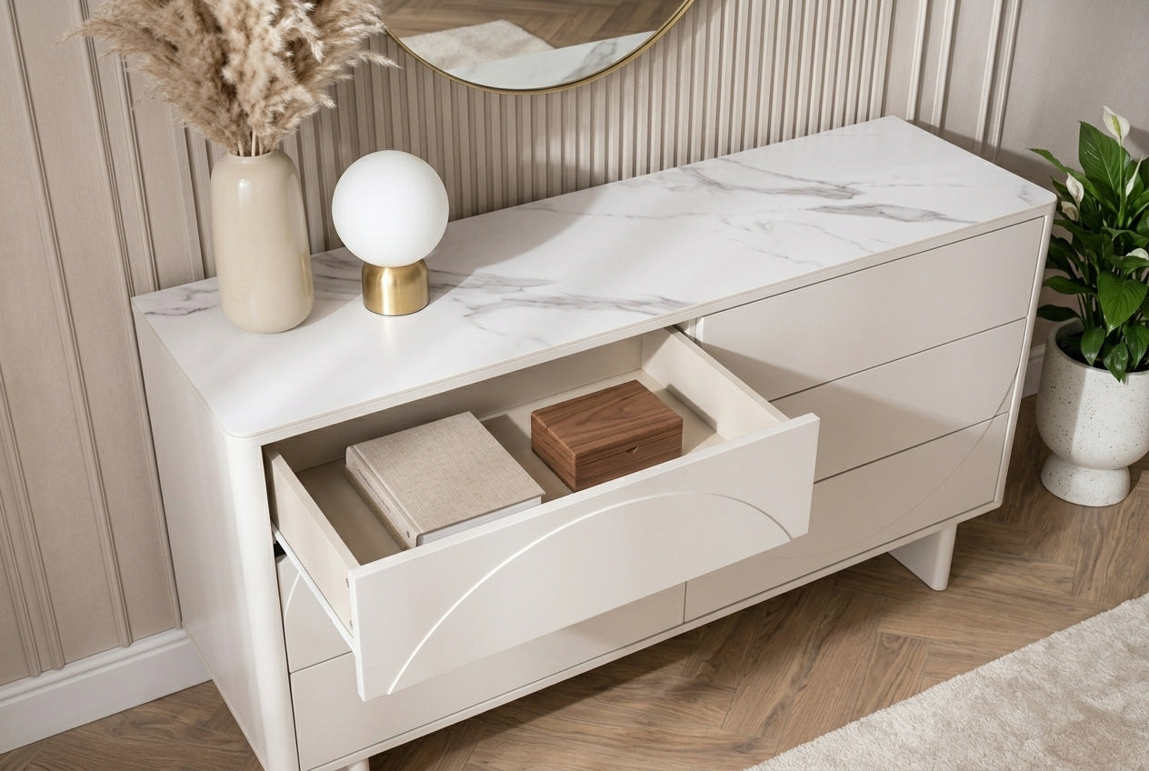 Buffet design SAVOY 150cm céramique marbre blanc cachemire avec six tiroirs