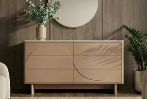 Buffet design SAVOY 150cm gris beige grège en céramique travertin avec six tiroirs