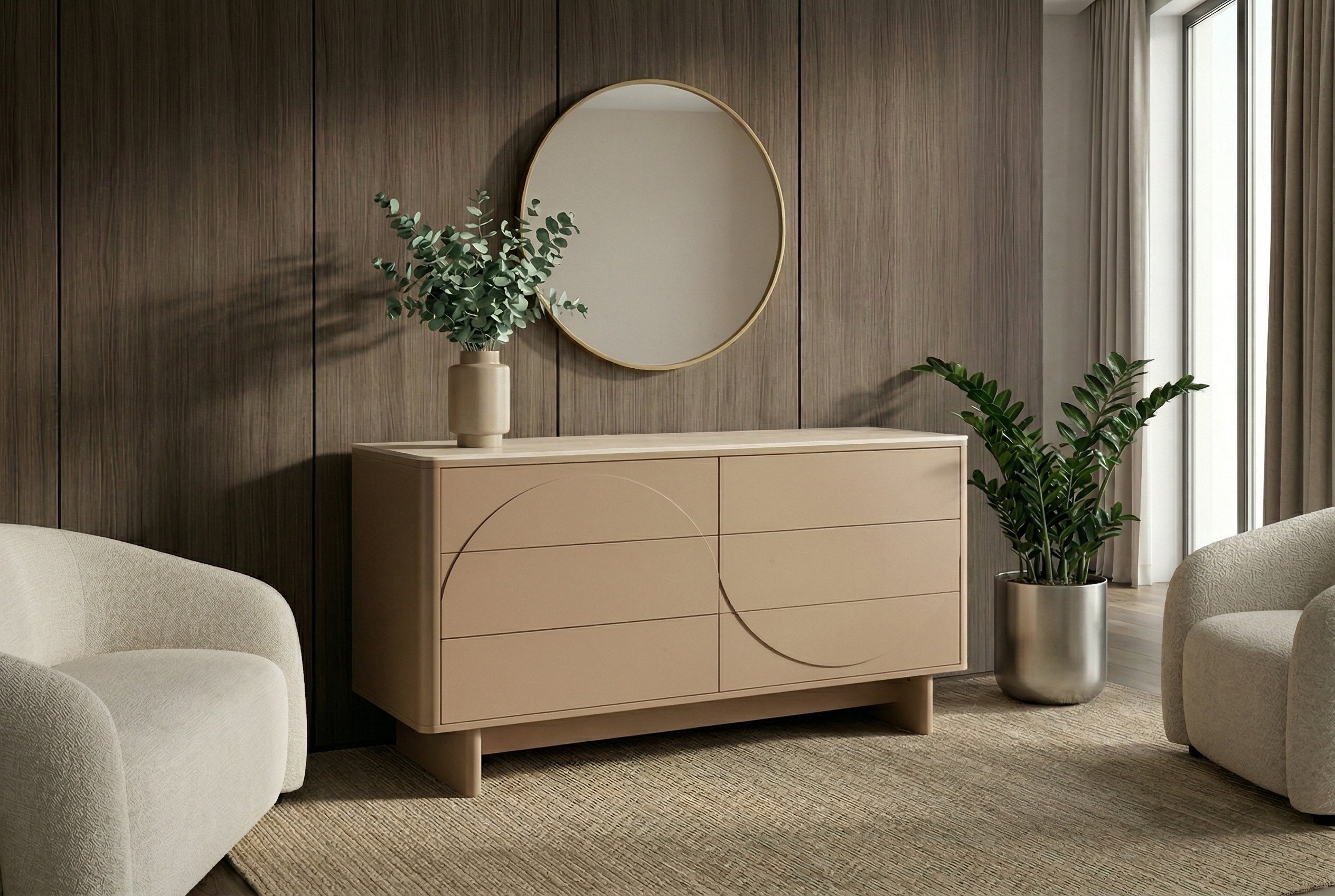 Buffet design SAVOY 150cm gris beige grège en céramique travertin avec six tiroirs