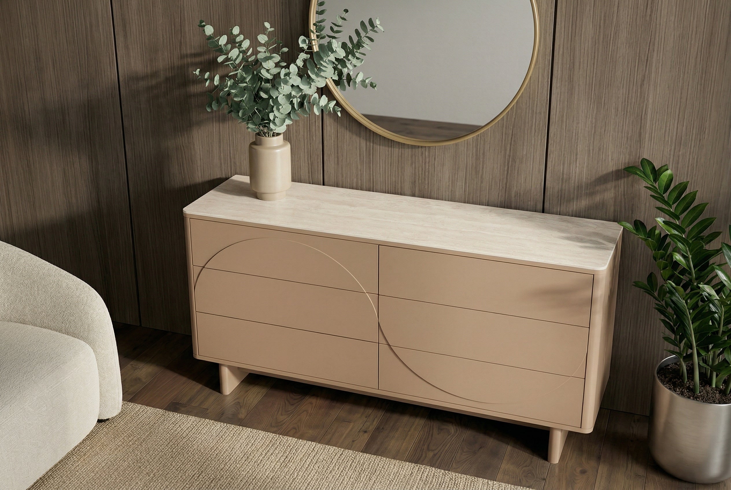 Buffet design SAVOY 150cm gris beige grège en céramique travertin avec six tiroirs