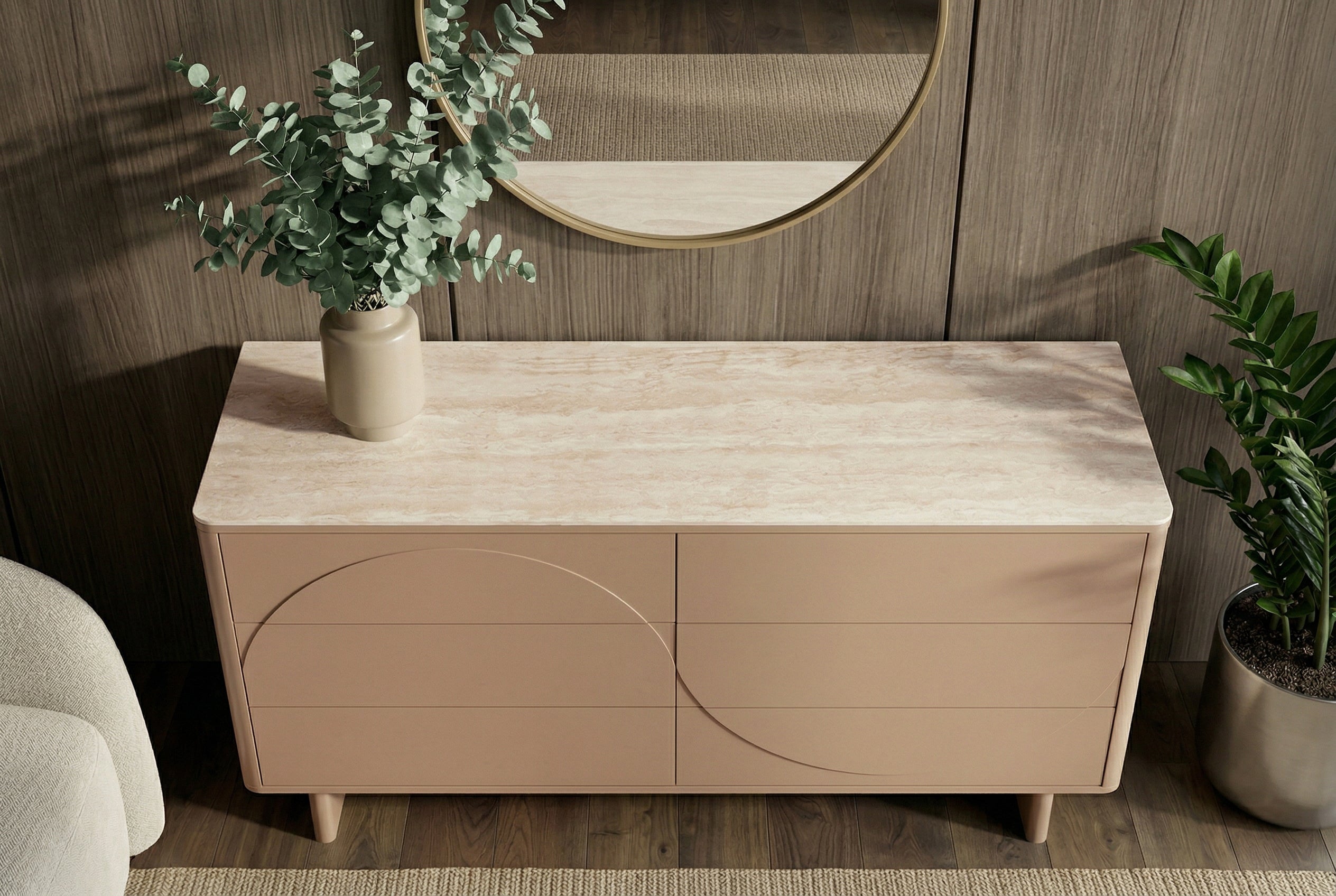 Buffet design SAVOY 150cm gris beige grège en céramique travertin avec six tiroirs