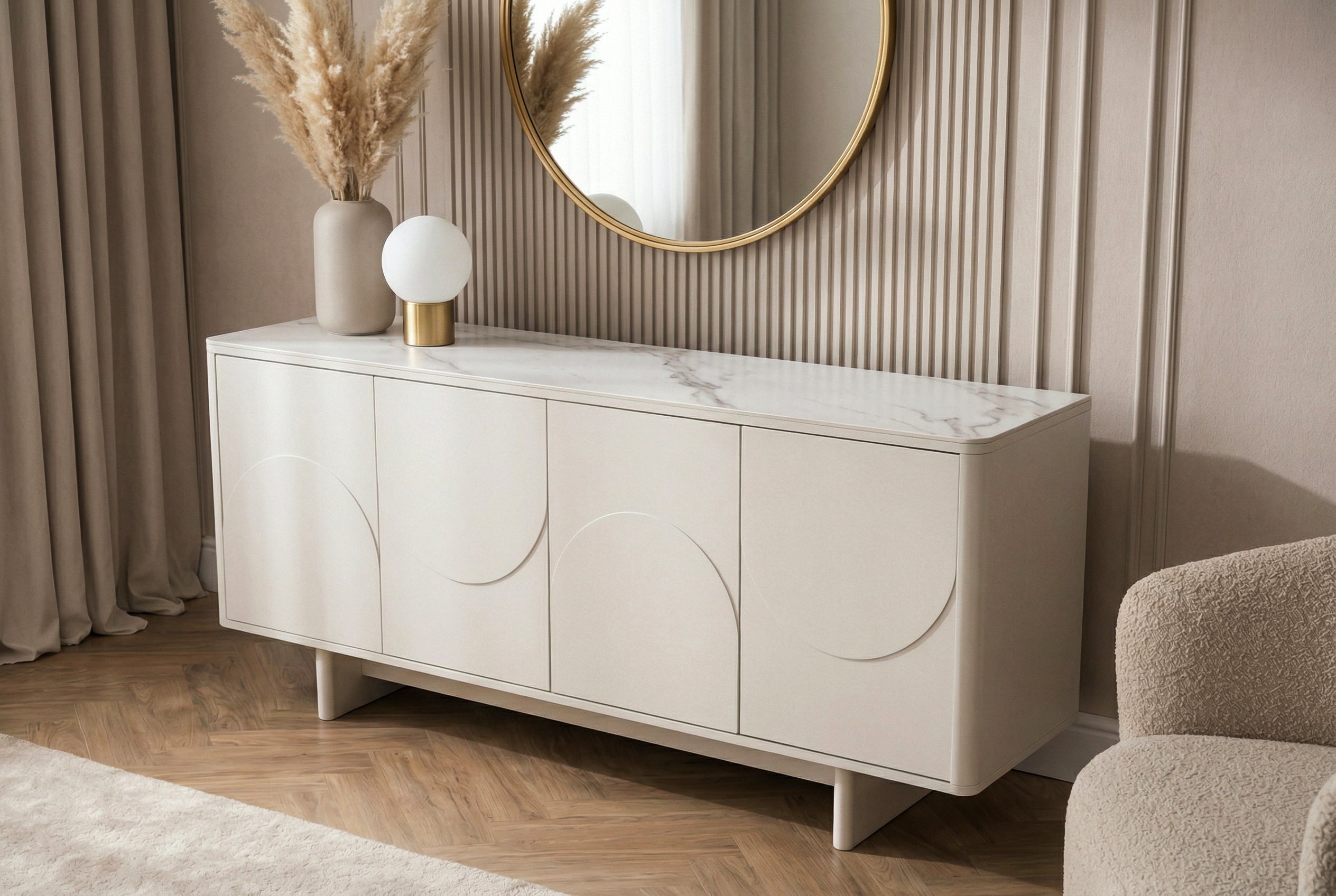 Buffet design SAVOY 180cm céramique marbre blanc cachemire avec rangements et façade 3D