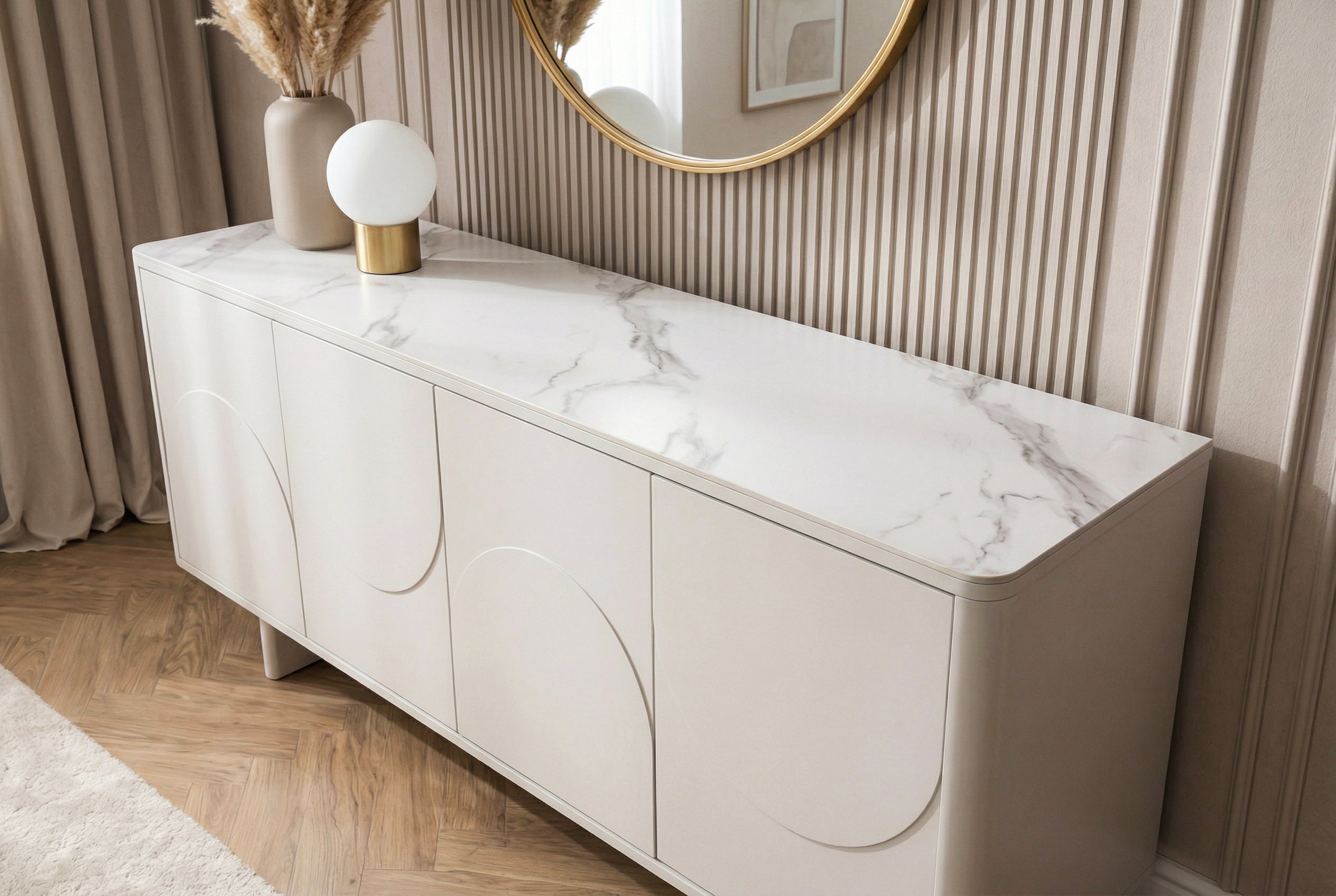 Buffet design SAVOY 180cm céramique marbre blanc cachemire avec rangements et façade 3D