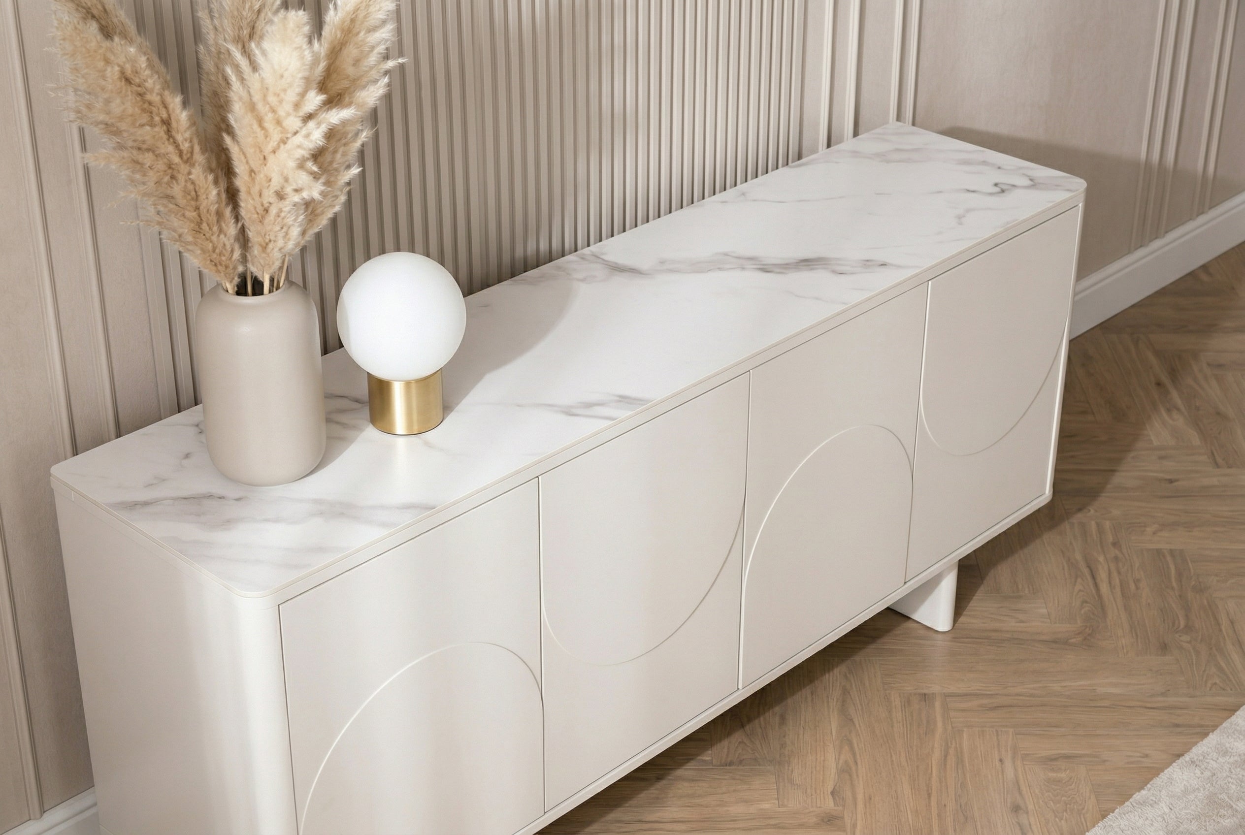 Buffet design SAVOY 180cm céramique marbre blanc cachemire avec rangements et façade 3D