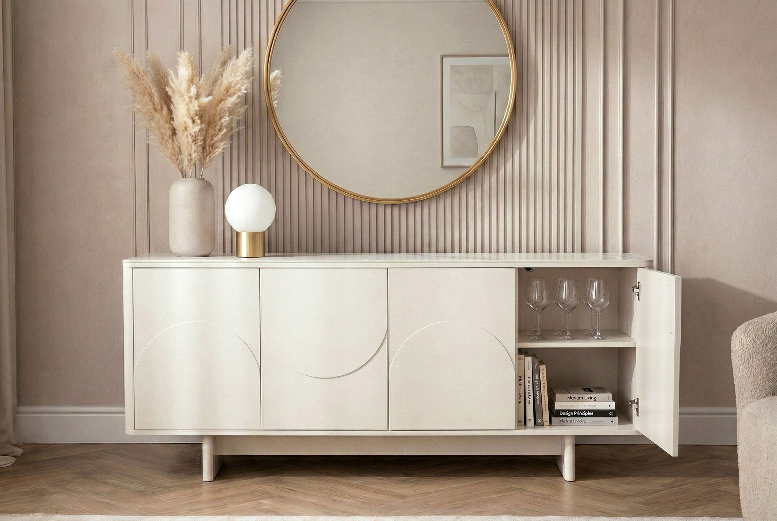Buffet design SAVOY 180cm céramique marbre blanc cachemire avec rangements et façade 3D
