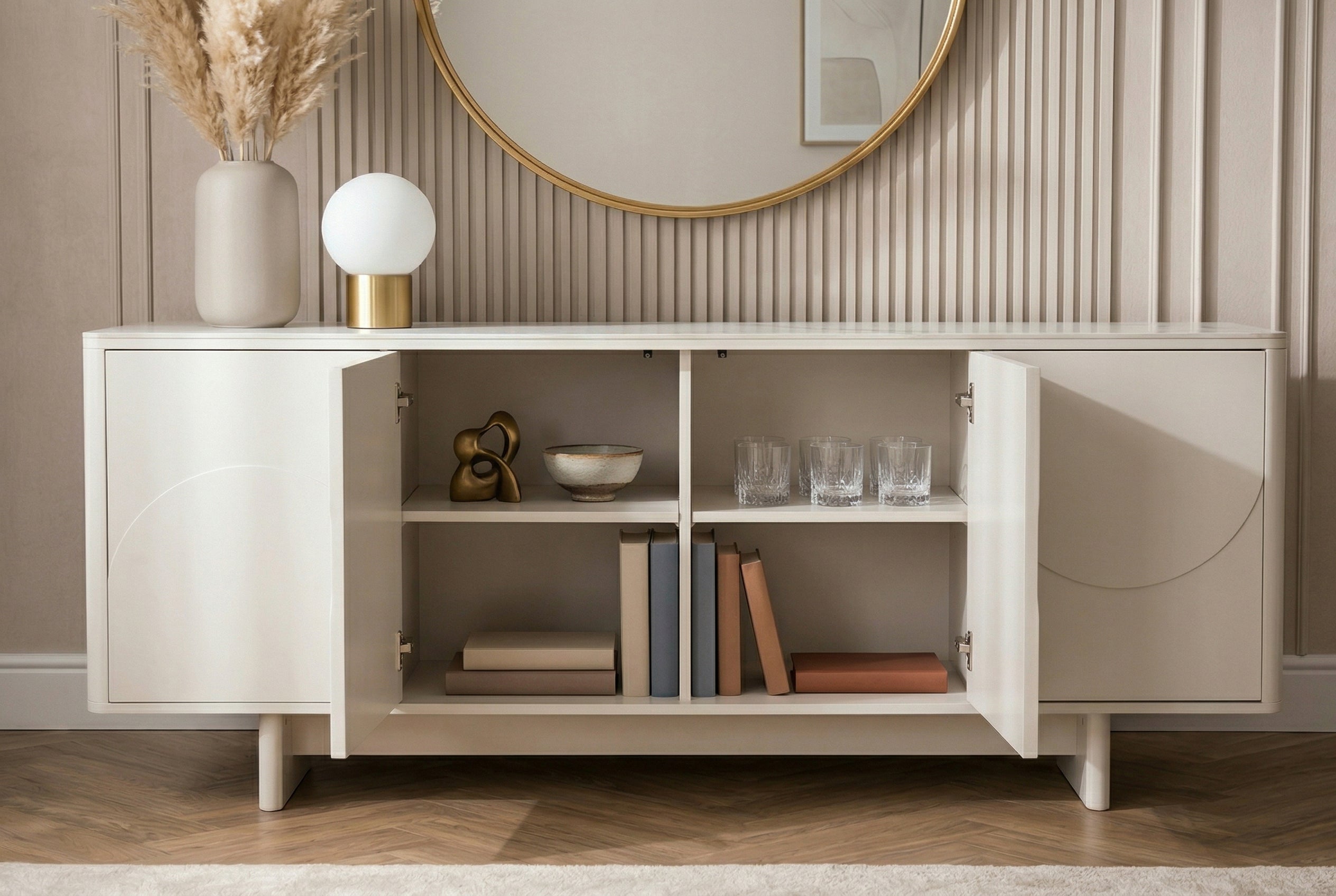 Buffet design SAVOY 180cm céramique marbre blanc cachemire avec rangements et façade 3D