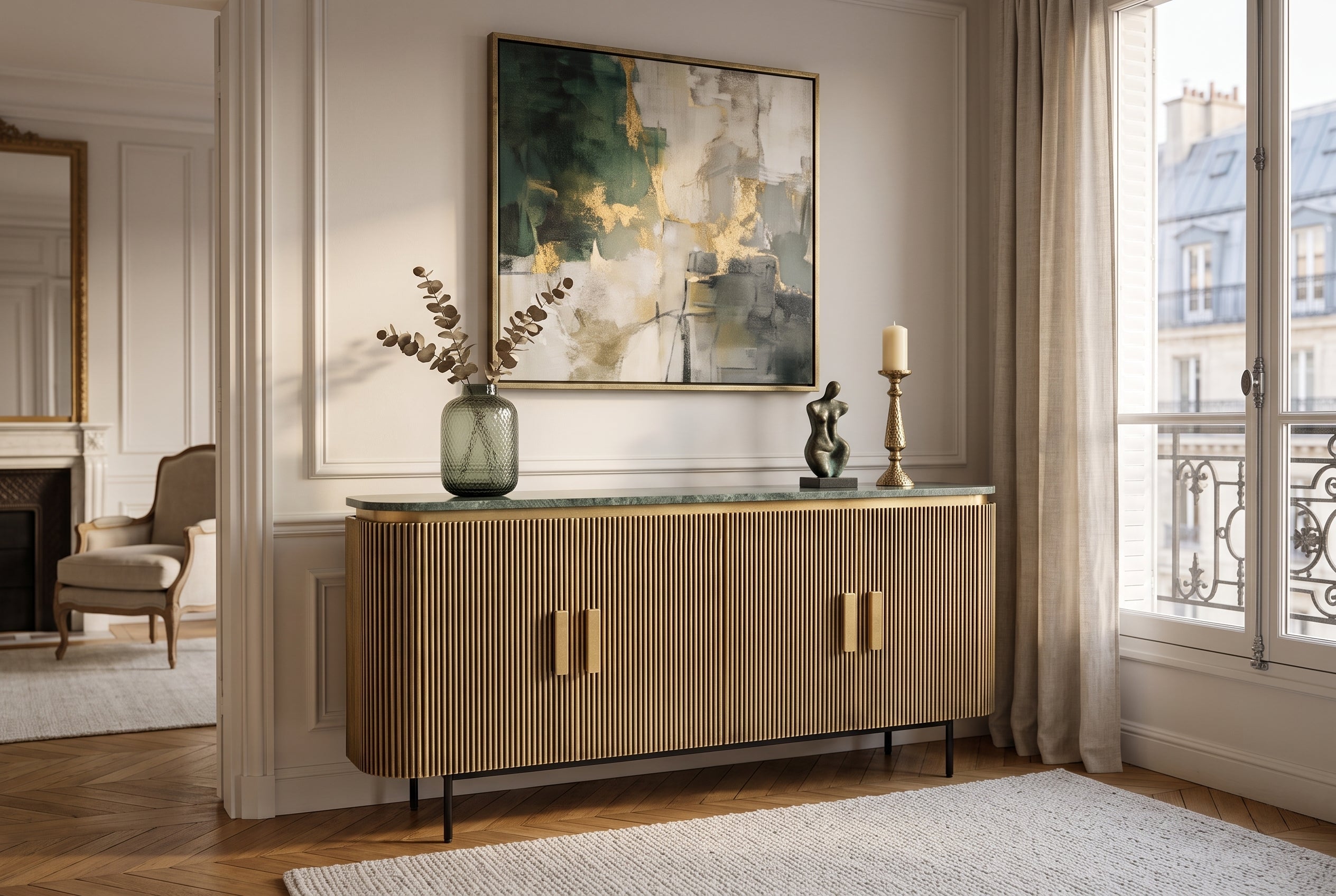 Buffet design VENEZIANO 160cm laiton dessus marbre vert manguier rétro