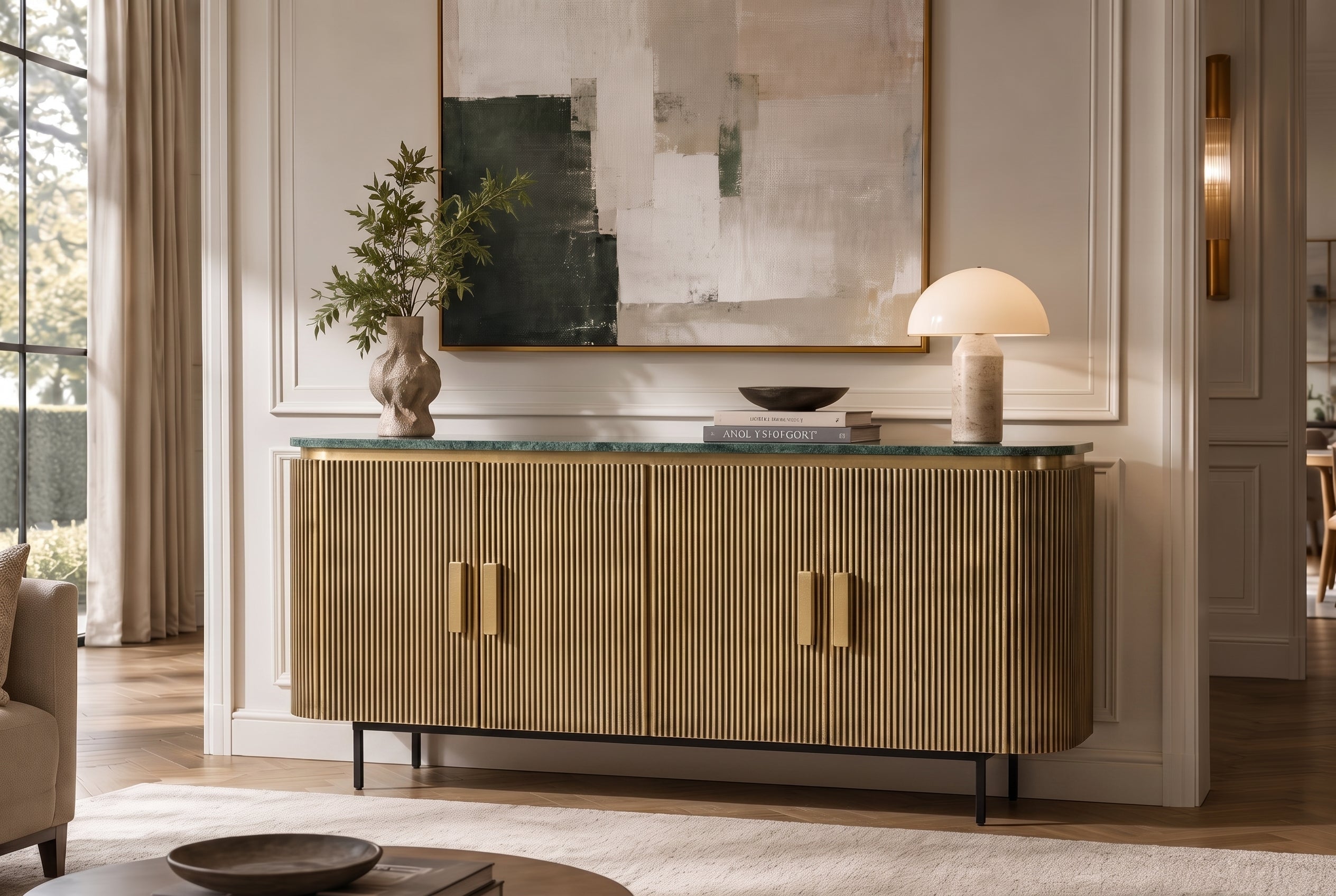 Buffet design VENEZIANO 160cm laiton dessus marbre vert manguier rétro