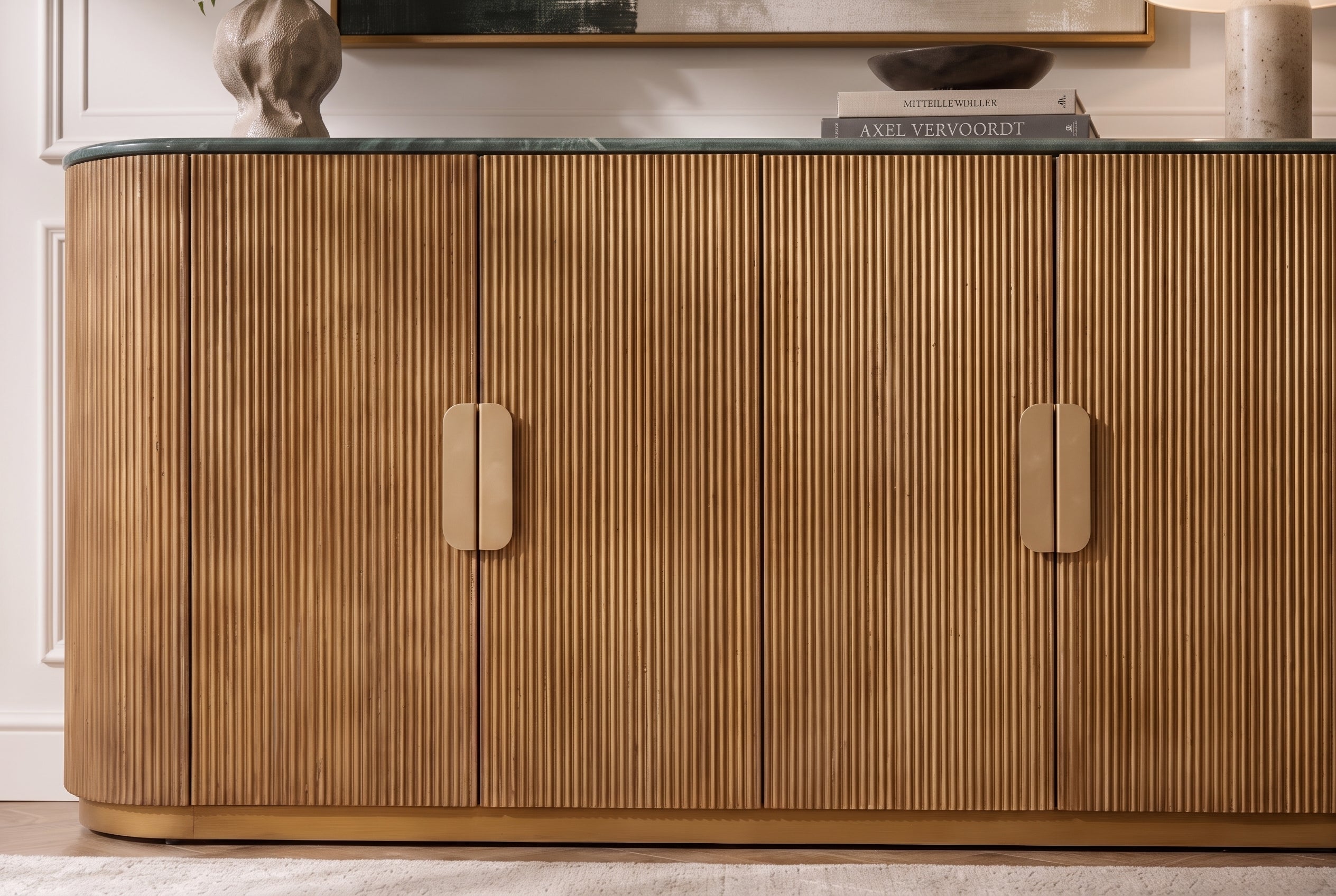 Buffet design VENEZIANO 170cm laiton bois de manguier marbre vert or