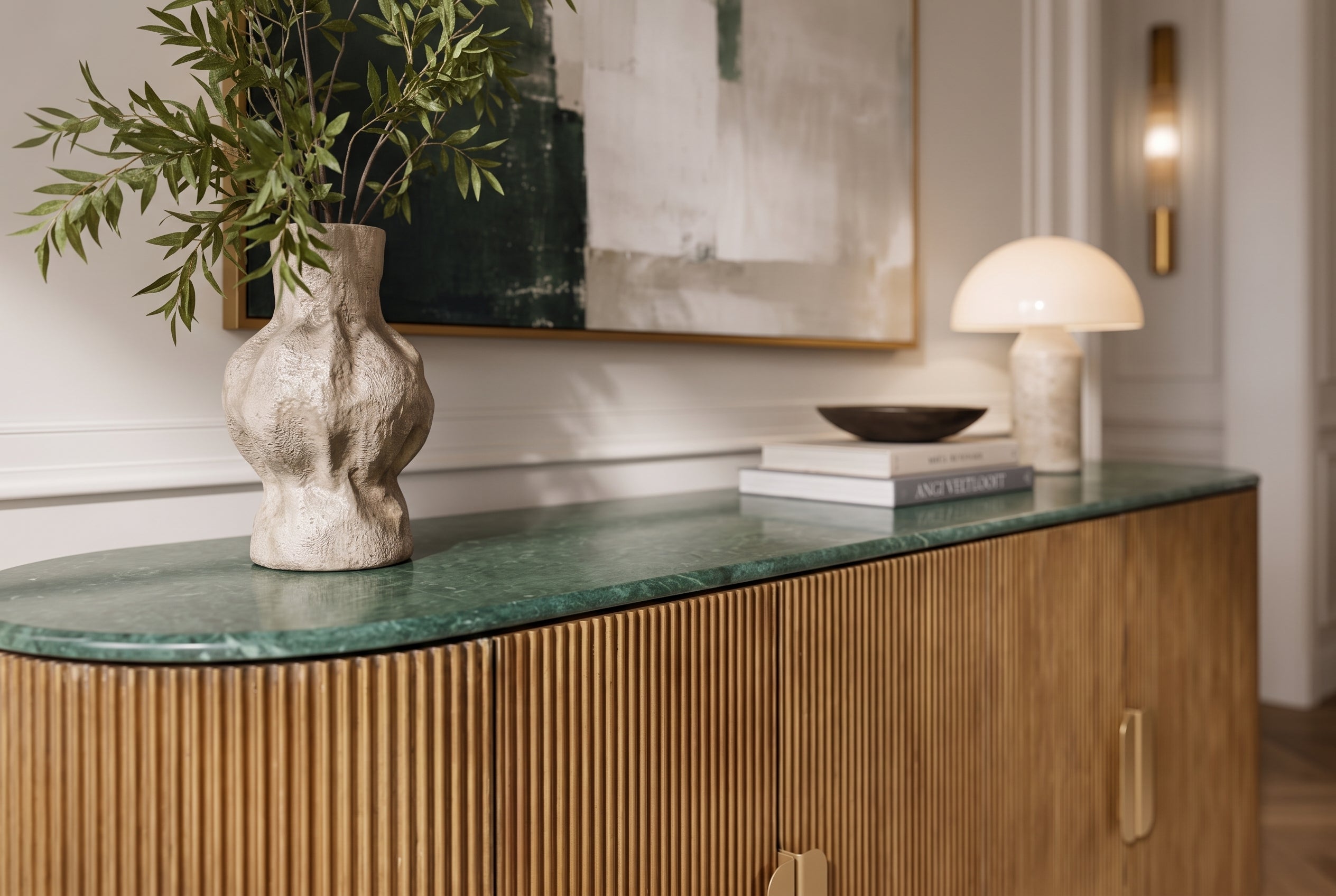 Buffet design VENEZIANO 170cm laiton bois de manguier marbre vert or
