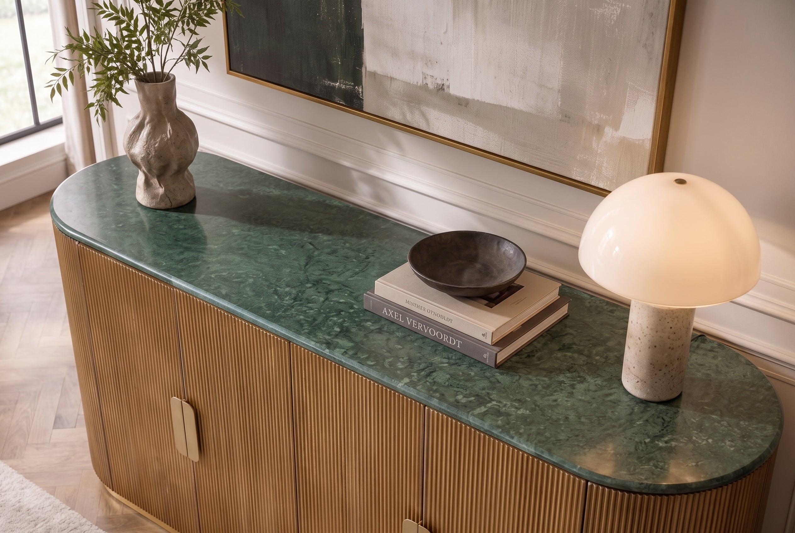 Buffet design VENEZIANO 170cm laiton bois de manguier marbre vert or