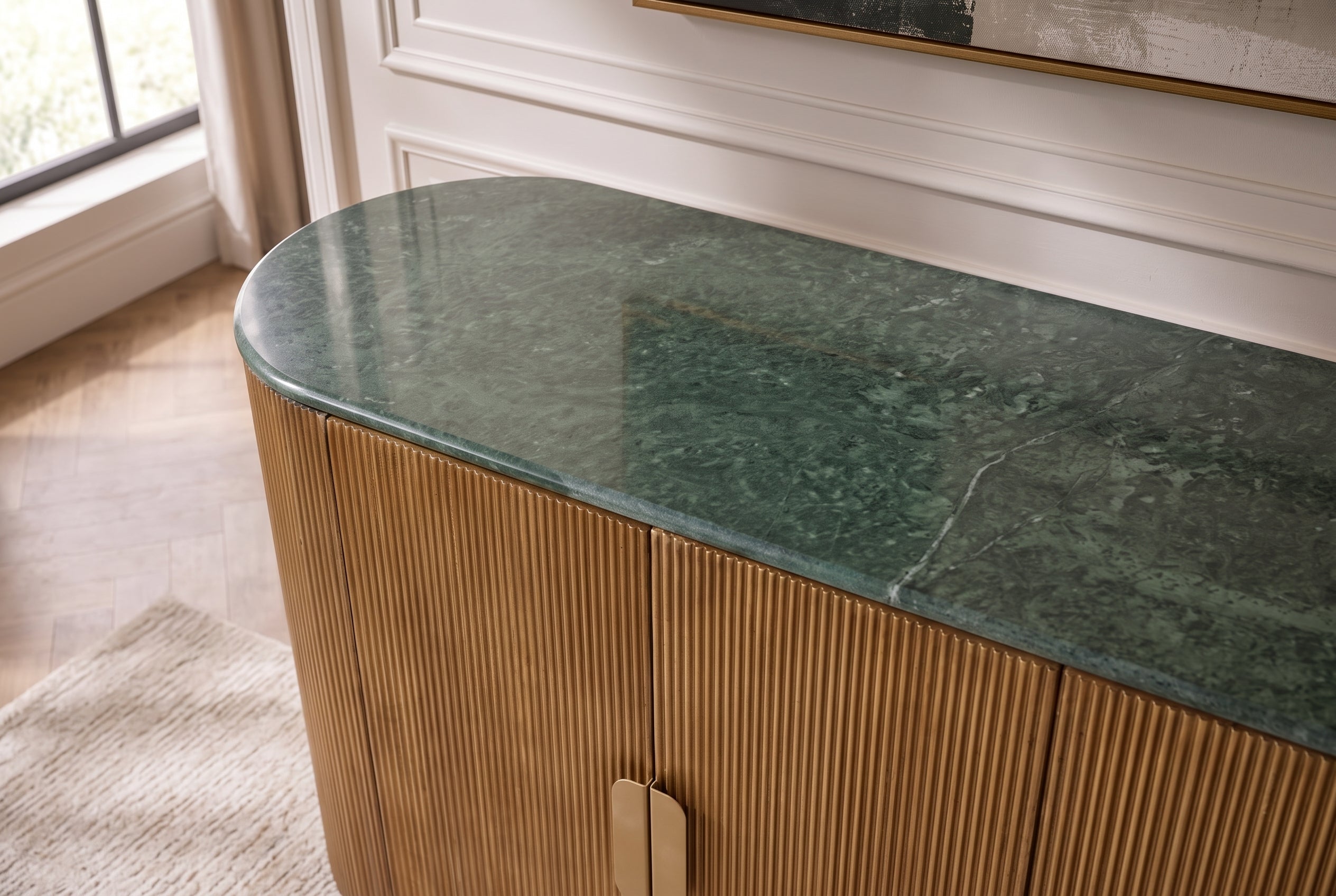 Buffet design VENEZIANO 170cm laiton bois de manguier marbre vert or