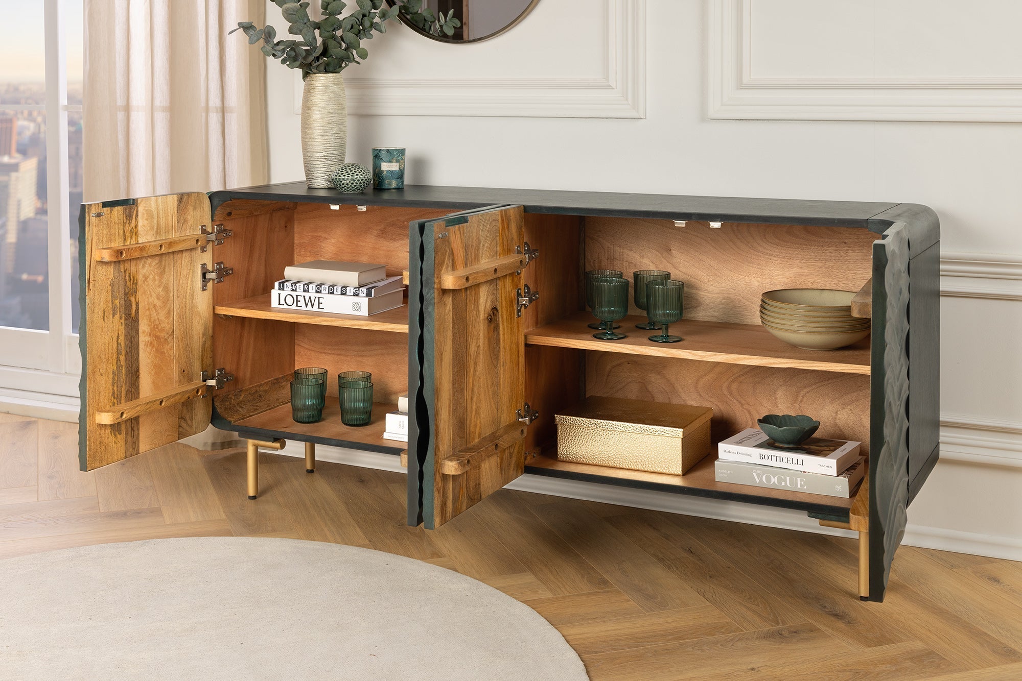 Buffet design WAVE 160cm bois de manguier turquoise bois massif pieds métal doré mat