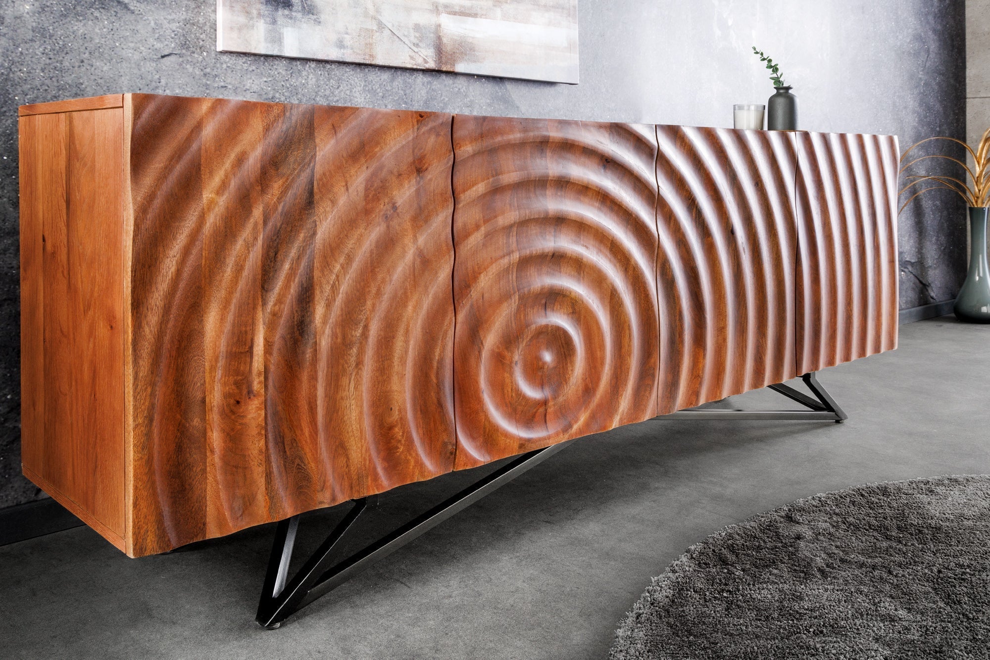 Buffet design ZEN 180cm en bois de manguier marron avec sculptures 3D structure en métal noir fait main