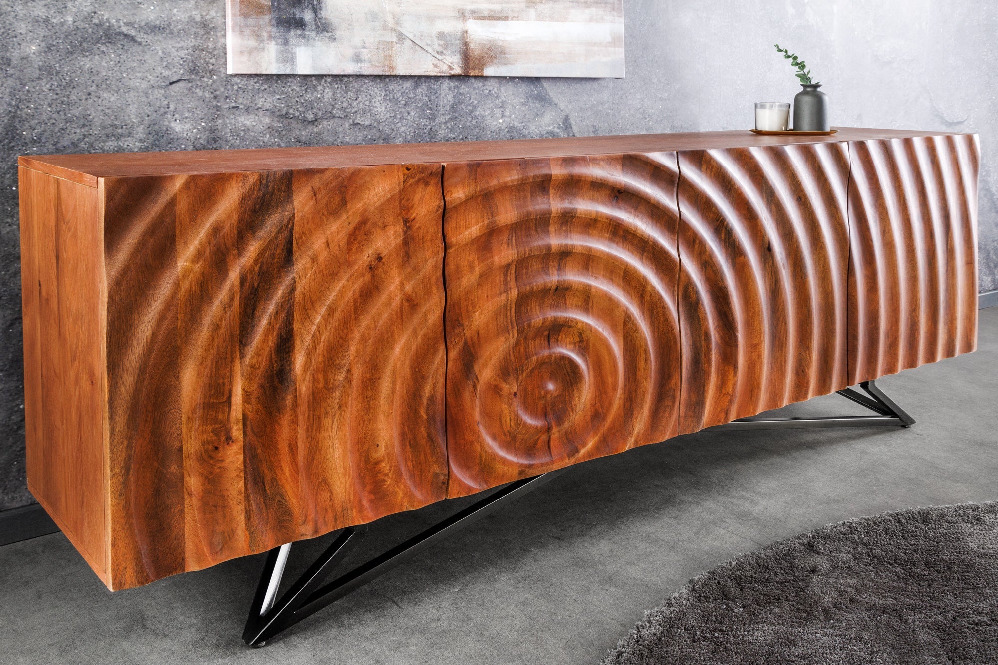 Buffet design ZEN 180cm en bois de manguier marron avec sculptures 3D structure en métal noir fait main