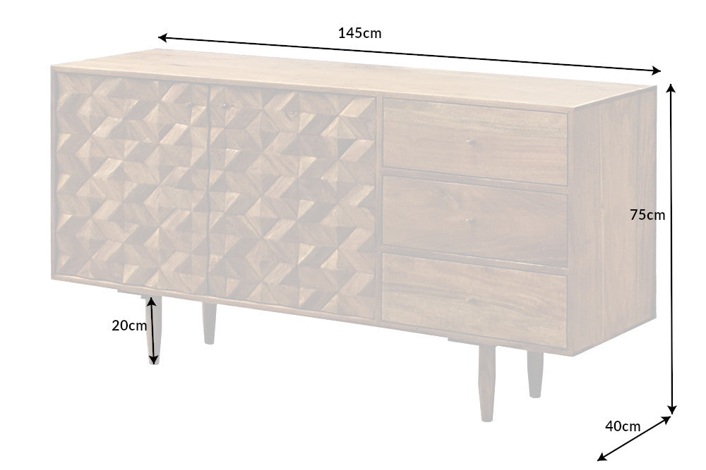Buffet en bois massif ALPINE 145cm acacia finition miel commode avec tiroirs design rétro