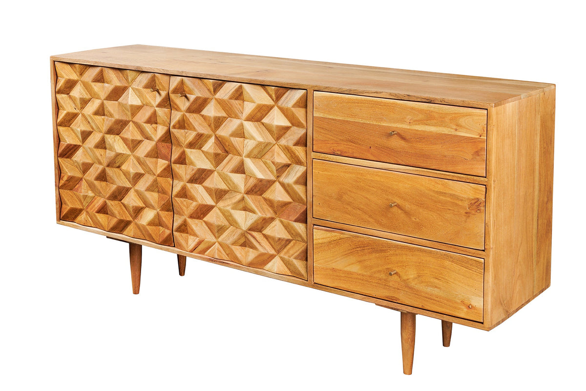 Buffet en bois massif ALPINE 145cm acacia finition miel commode avec tiroirs design rétro