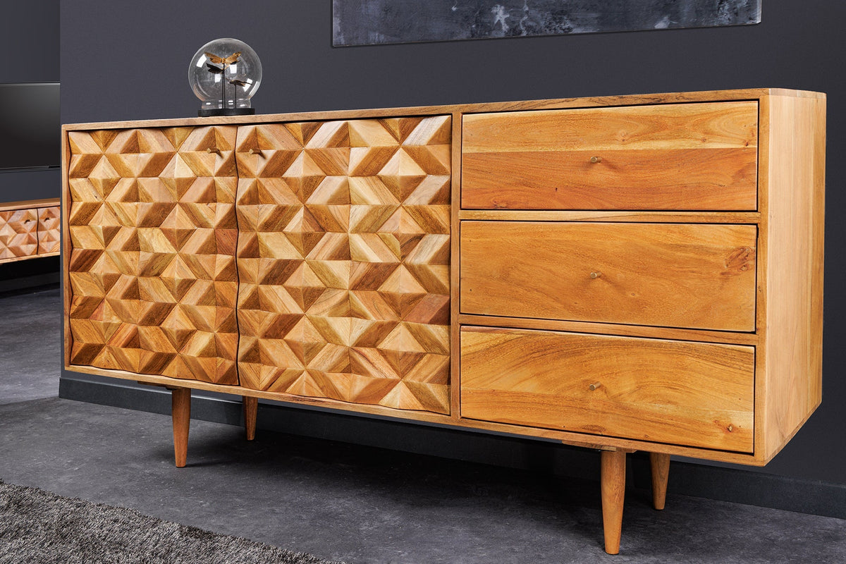 Buffet en bois massif ALPINE 145cm acacia finition miel commode avec tiroirs design rétro