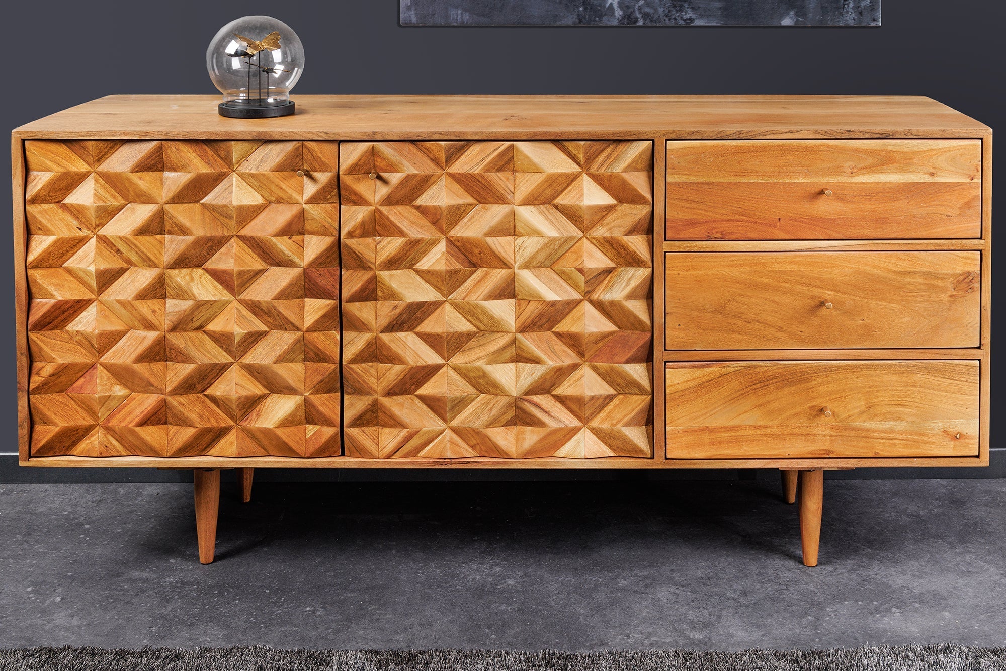 Buffet en bois massif ALPINE 145cm acacia finition miel commode avec tiroirs design rétro