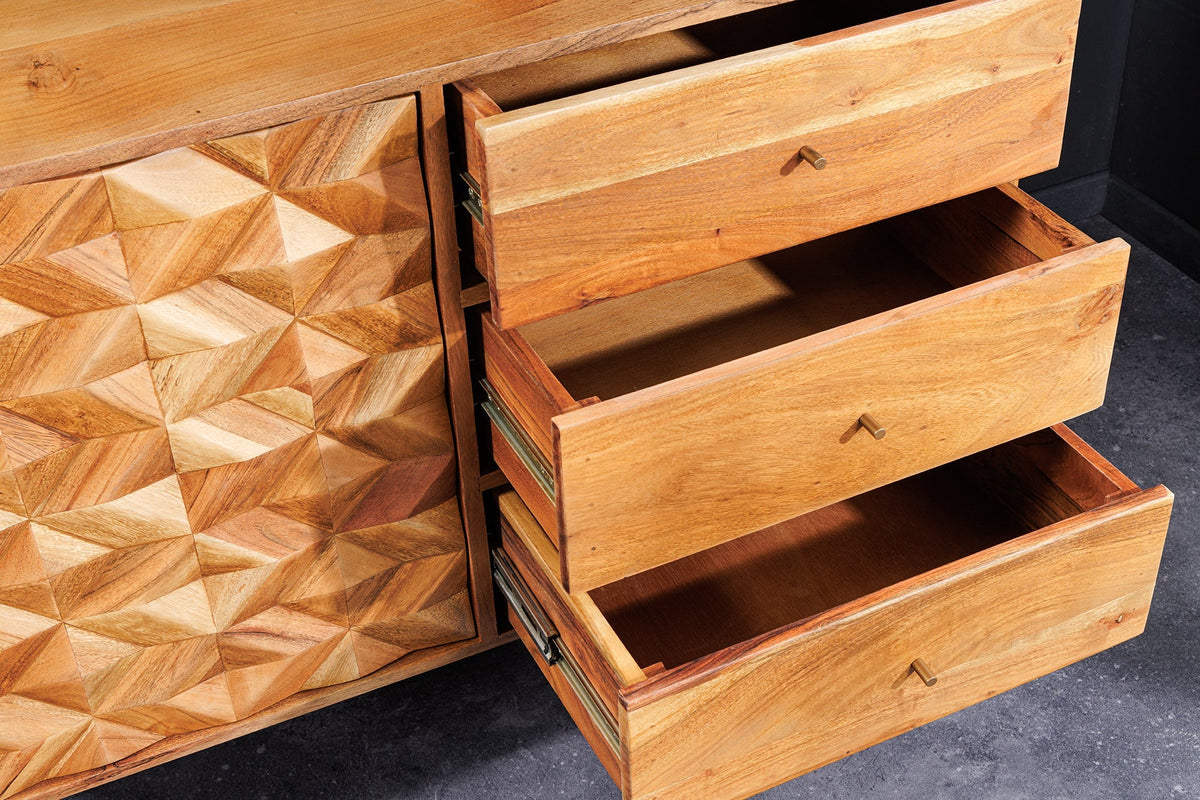 Buffet en bois massif ALPINE 145cm acacia finition miel commode avec tiroirs design rétro