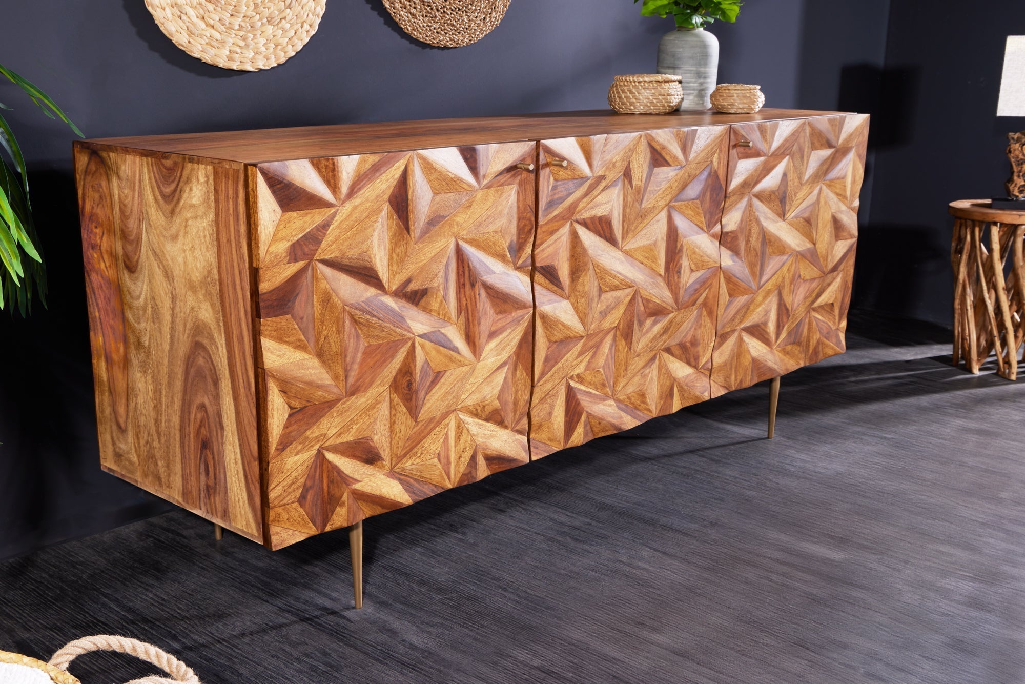 Buffet en bois massif ALPINE 145cm marron finition pierre Sheesham métal doré mat