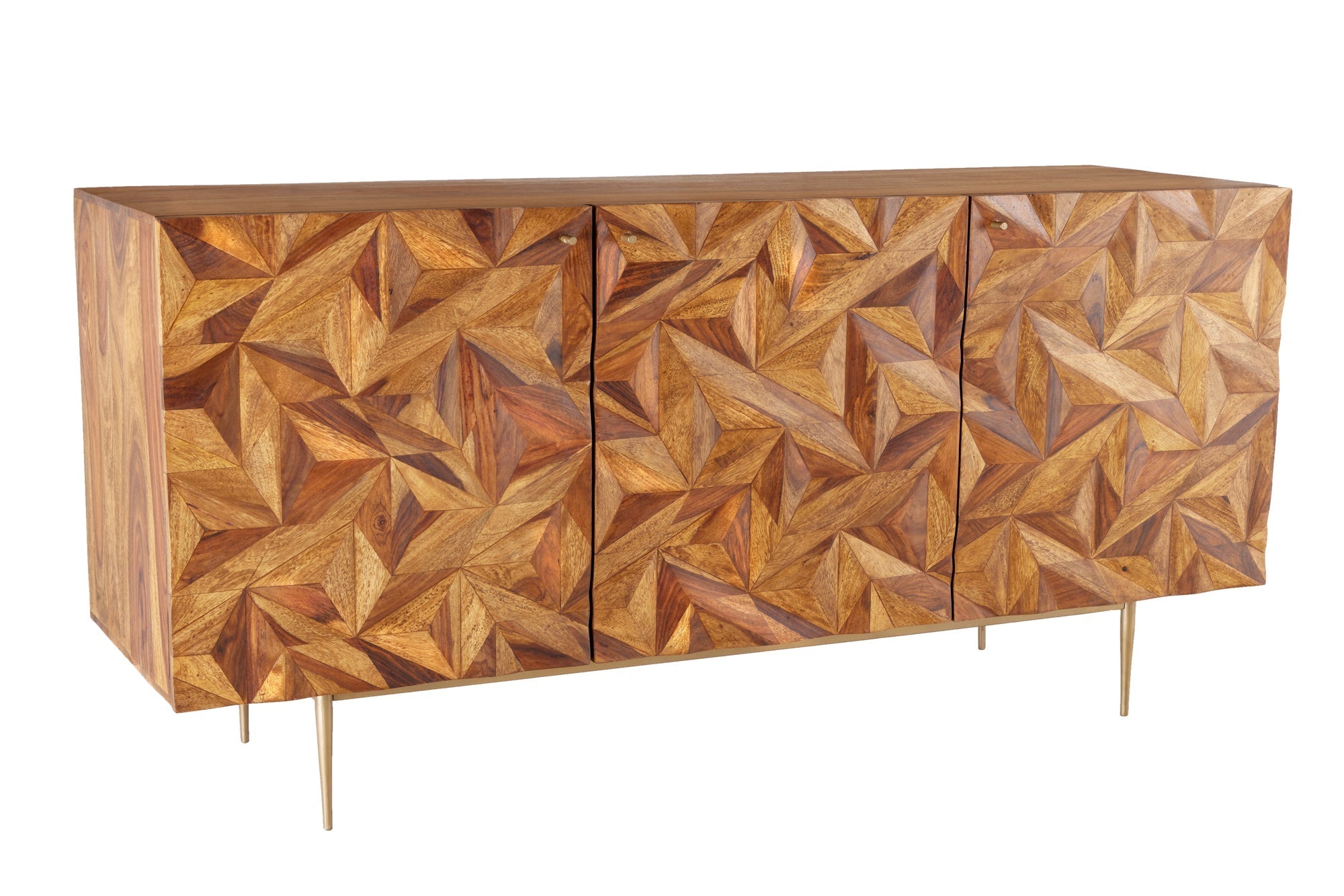 Buffet en bois massif ALPINE 145cm marron finition pierre Sheesham métal doré mat