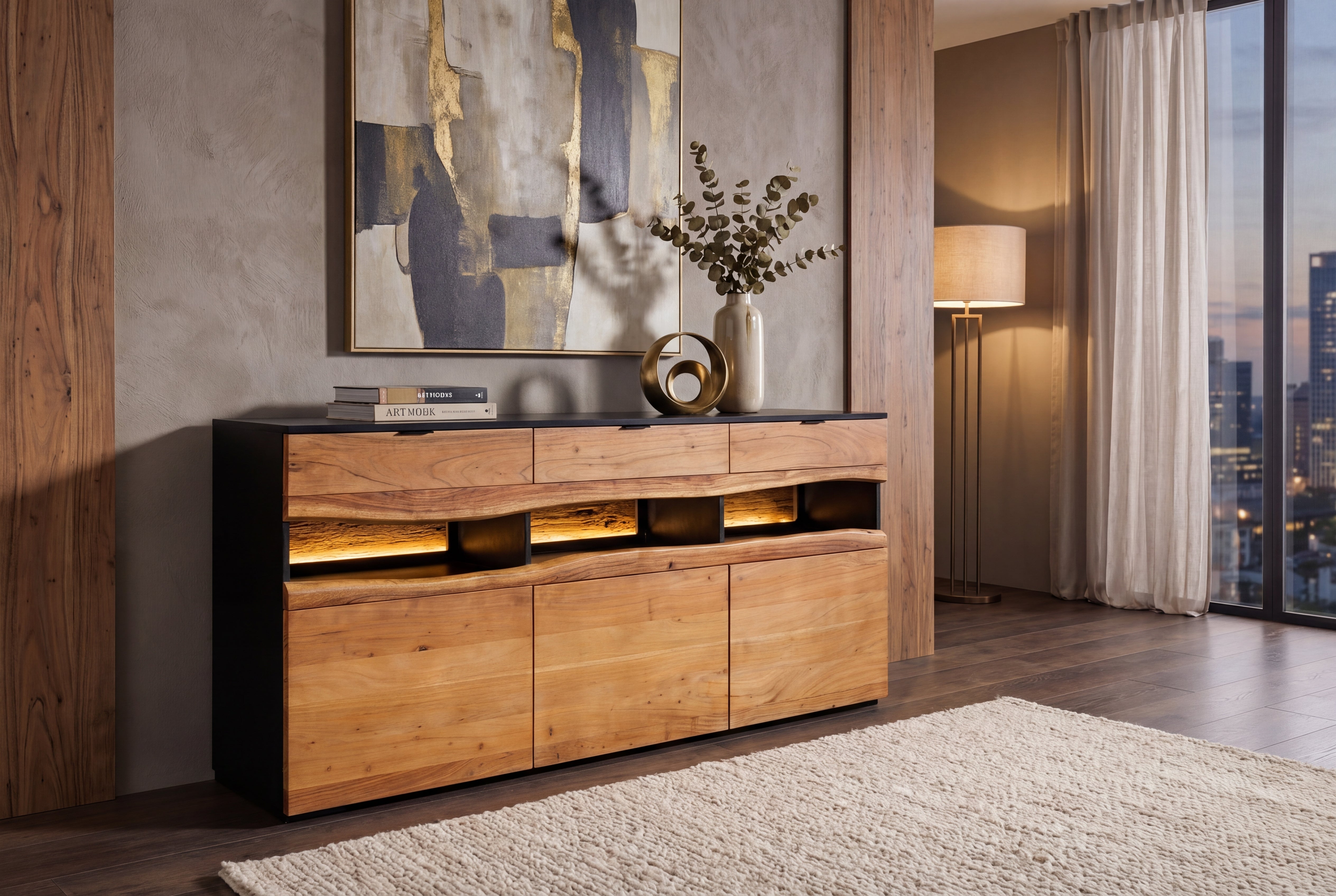 Buffet en bois massif GRAND ACACIA 180cm acacia marron avec éclairage LED bord d’arbre